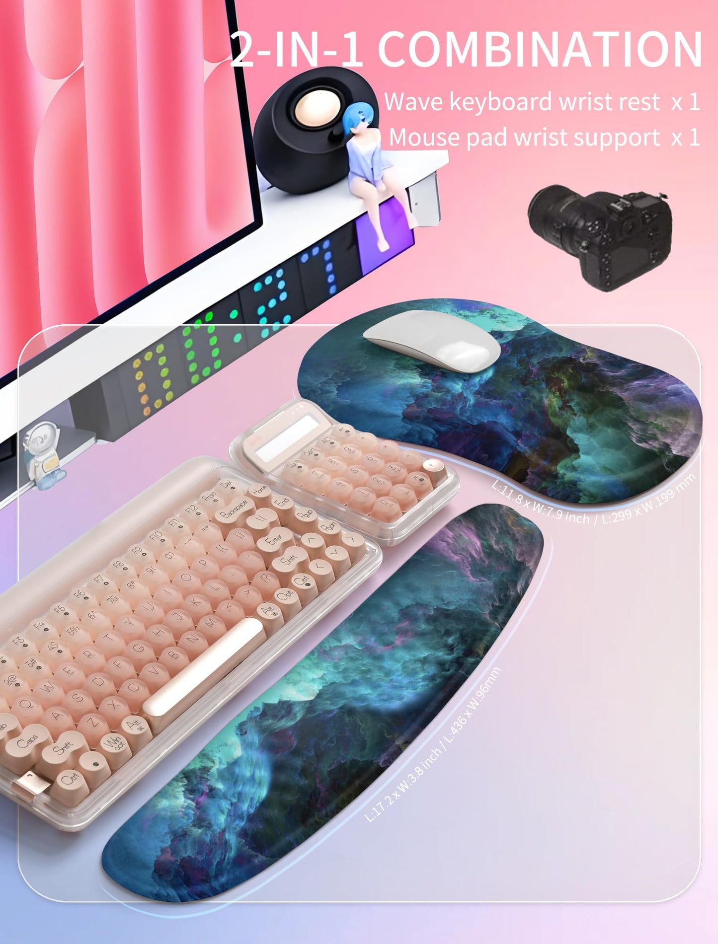 Hokafenle 2in1 Combination, Wave Keyboard Wrist Rest and Ergonomic Curvature Mouse Pad Wrist