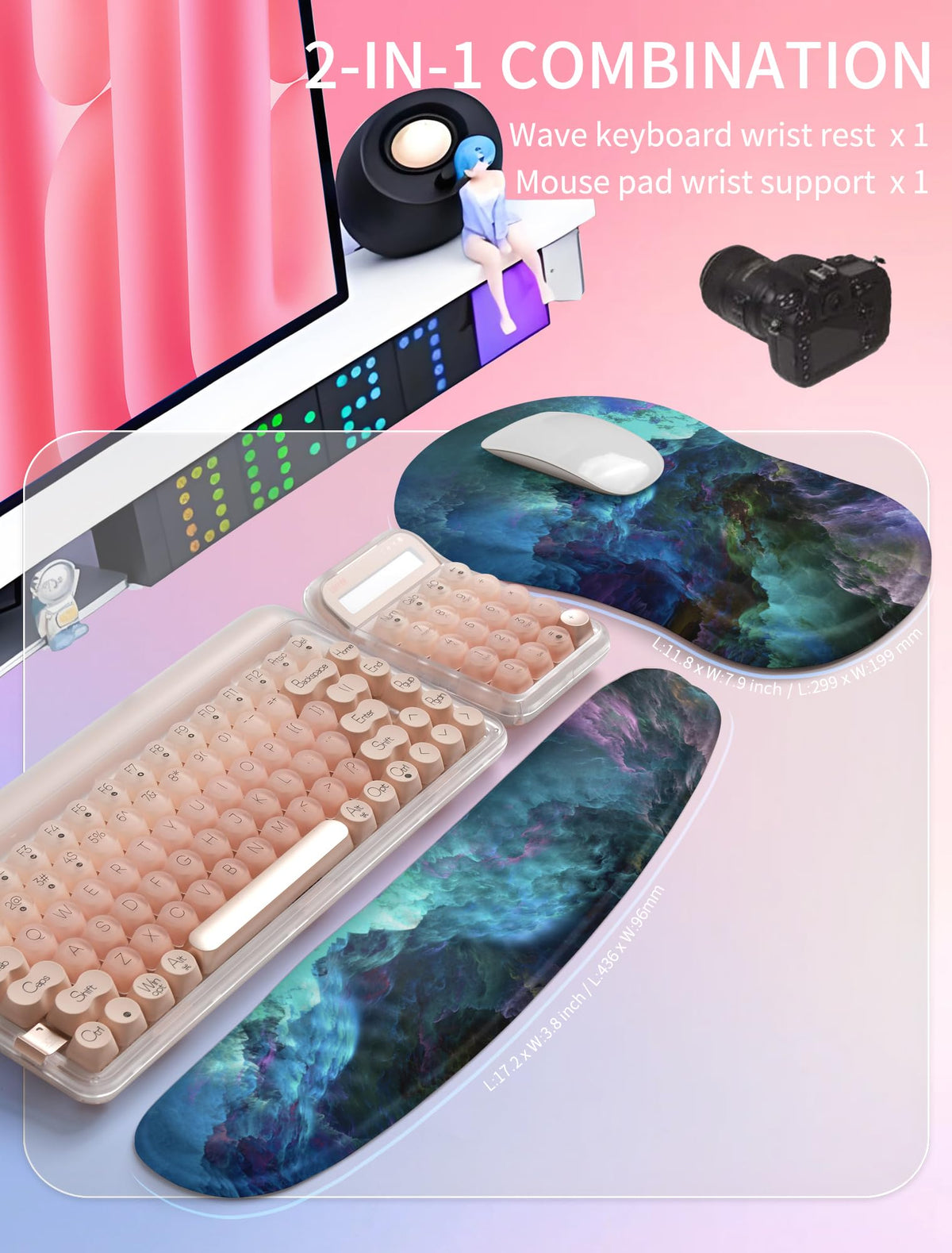 Hokafenle 2in1 Combination, Wave Keyboard Wrist Rest and Ergonomic Curvature Mouse Pad Wrist