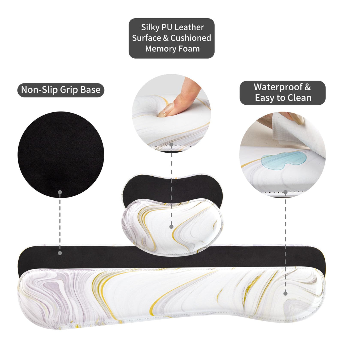 QiyI PU Leather Desk Mat Set, 4-in-1 Ergonomic Wrist Rest, White Marble