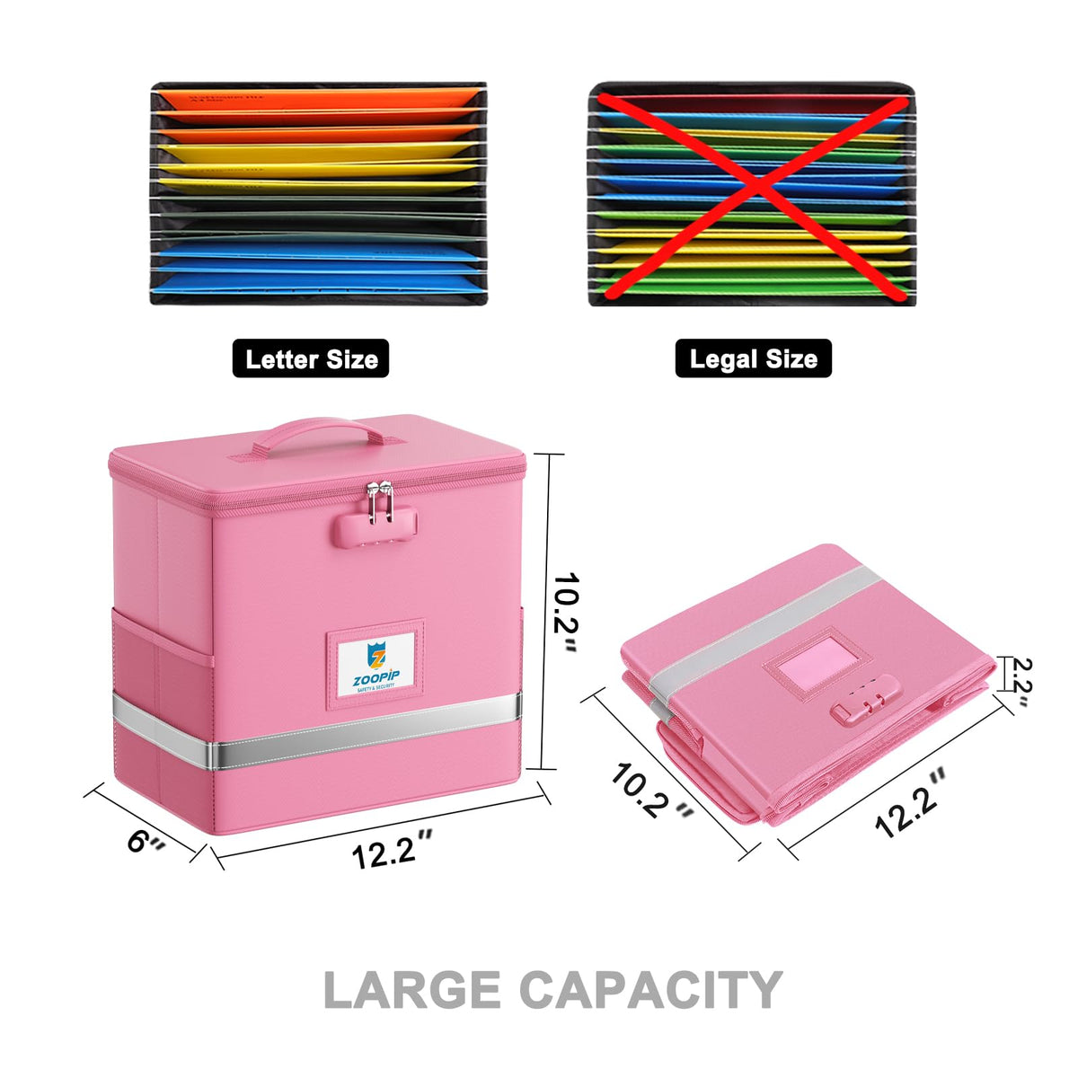 ZOOPIP Fireproof File Box with Lock, Collapsible Document Organizer, Pink