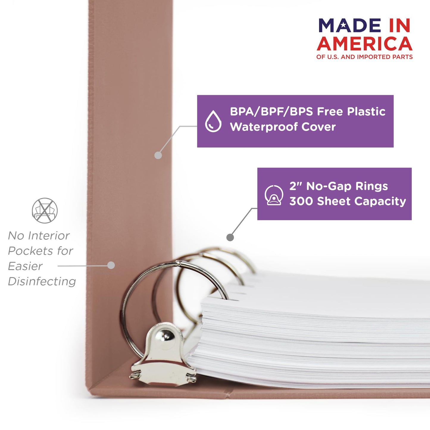 Carstens 2-Inch Heavy Duty 3-Ring Binder - Side Opening, Dusty Rose, Durable Plastic, Precision