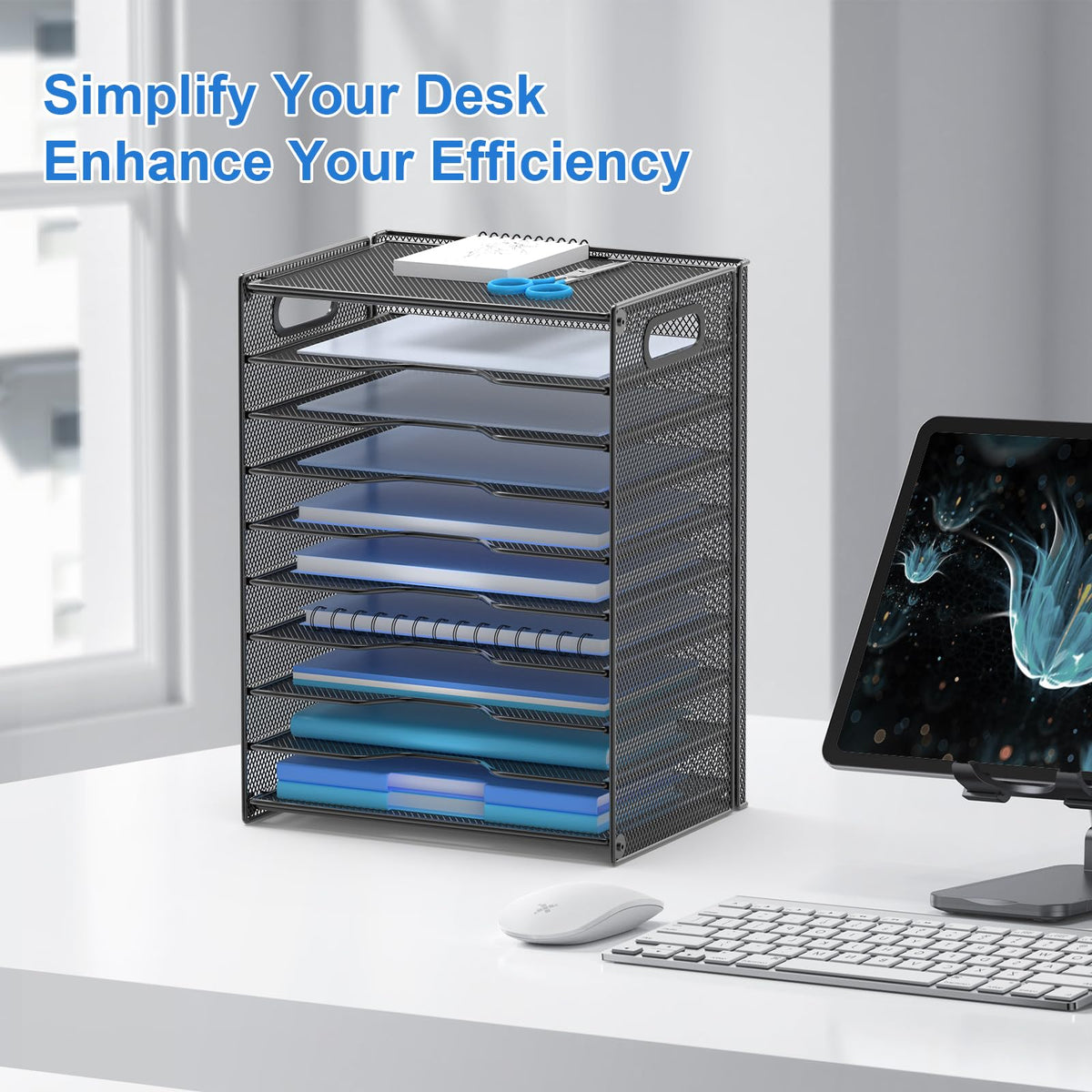 OUTWOLF 10 Tier Paper Organizer - Letter Tray Mesh Desk File Organizer with Handles for Office