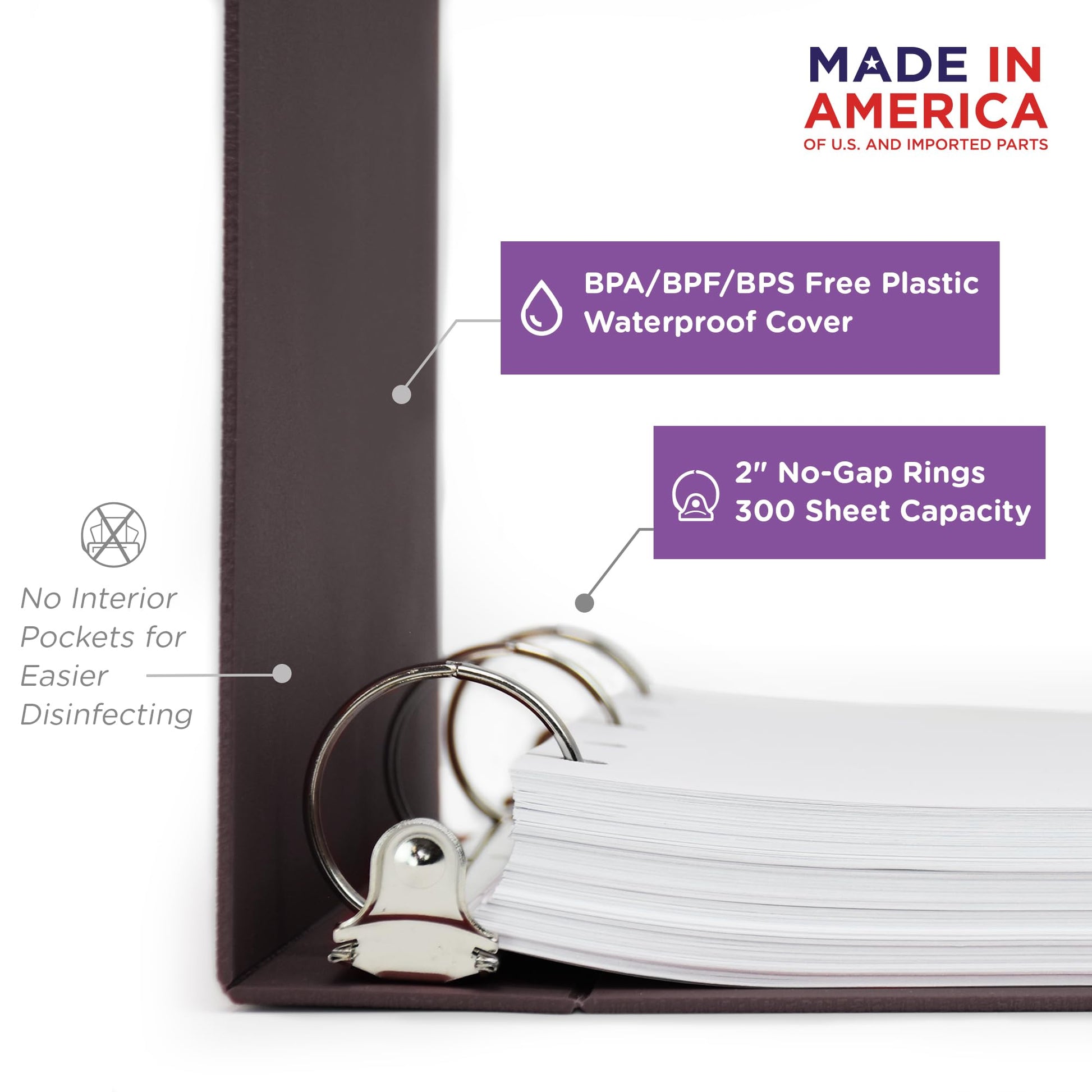 Carstens 2-Inch Heavy Duty 3-Ring Binder - Side Opening, Plum, Durable Plastic, Precision No-Gap