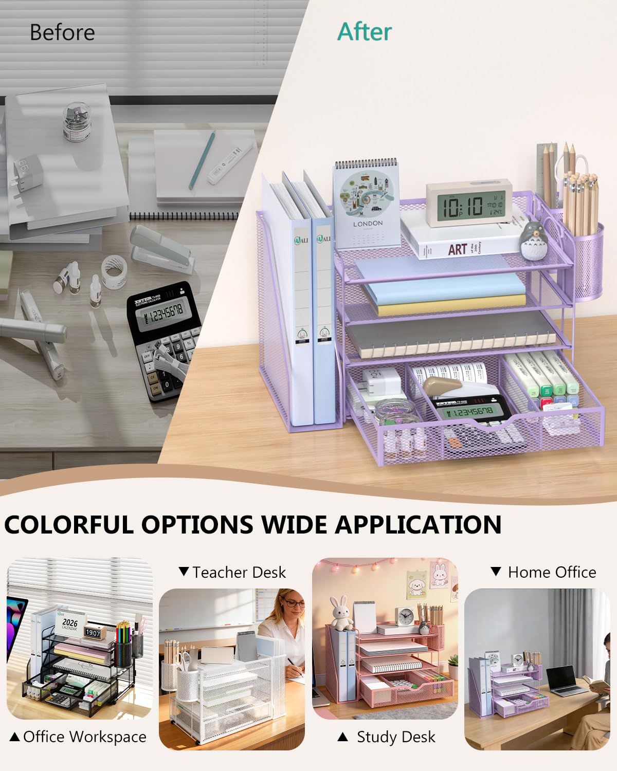 WALI Desk File Organizer, 4 Tier Desktop Paper Letter Tray Organizer with Drawer and 2 Pen Holders