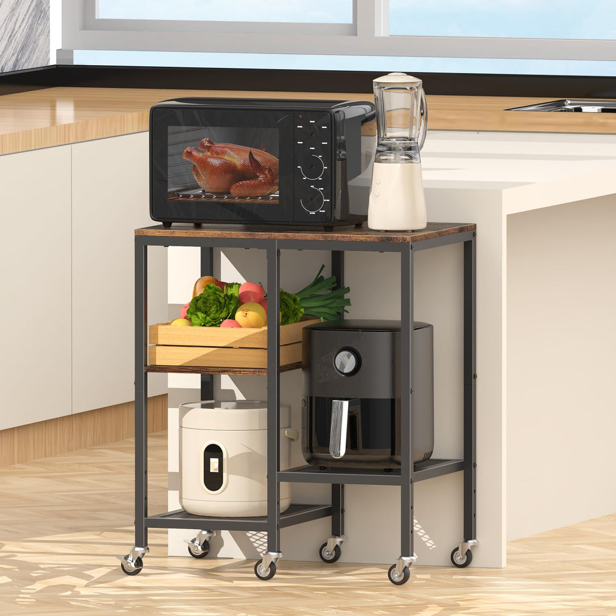 OGEMXU Rolling Kitchen Microwave Cart,4 Tier Microwave Stand,Brown