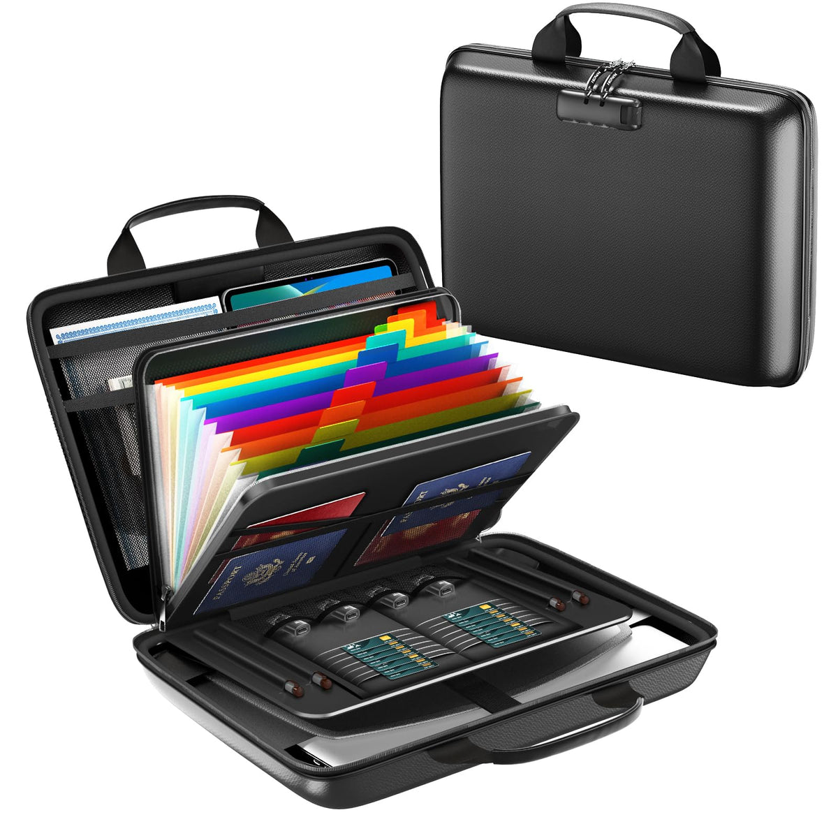 HIBWN Fireproof Document Box, Hard Case Fireproof File Organizer with Lock and 13 Pocket Accordion
