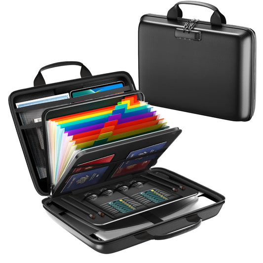 HIBWN Fireproof Document Box, Hard Case Fireproof File Organizer with Lock and 13 Pocket Accordion