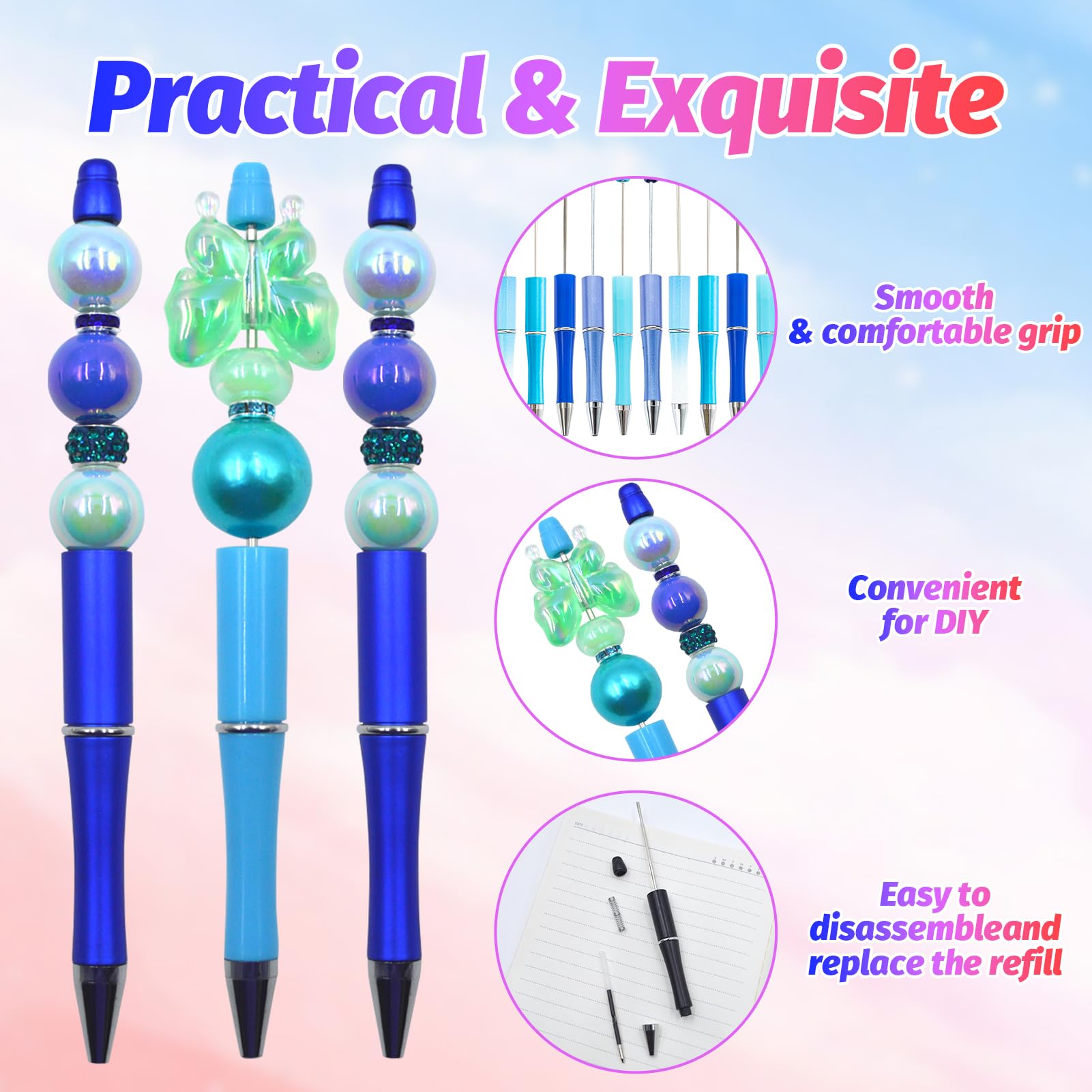 DASTTUIS 150 Pieces DIY Beadable Pen Kit – 50 Plastic Ballpoint Pens with Refills & Bags – School