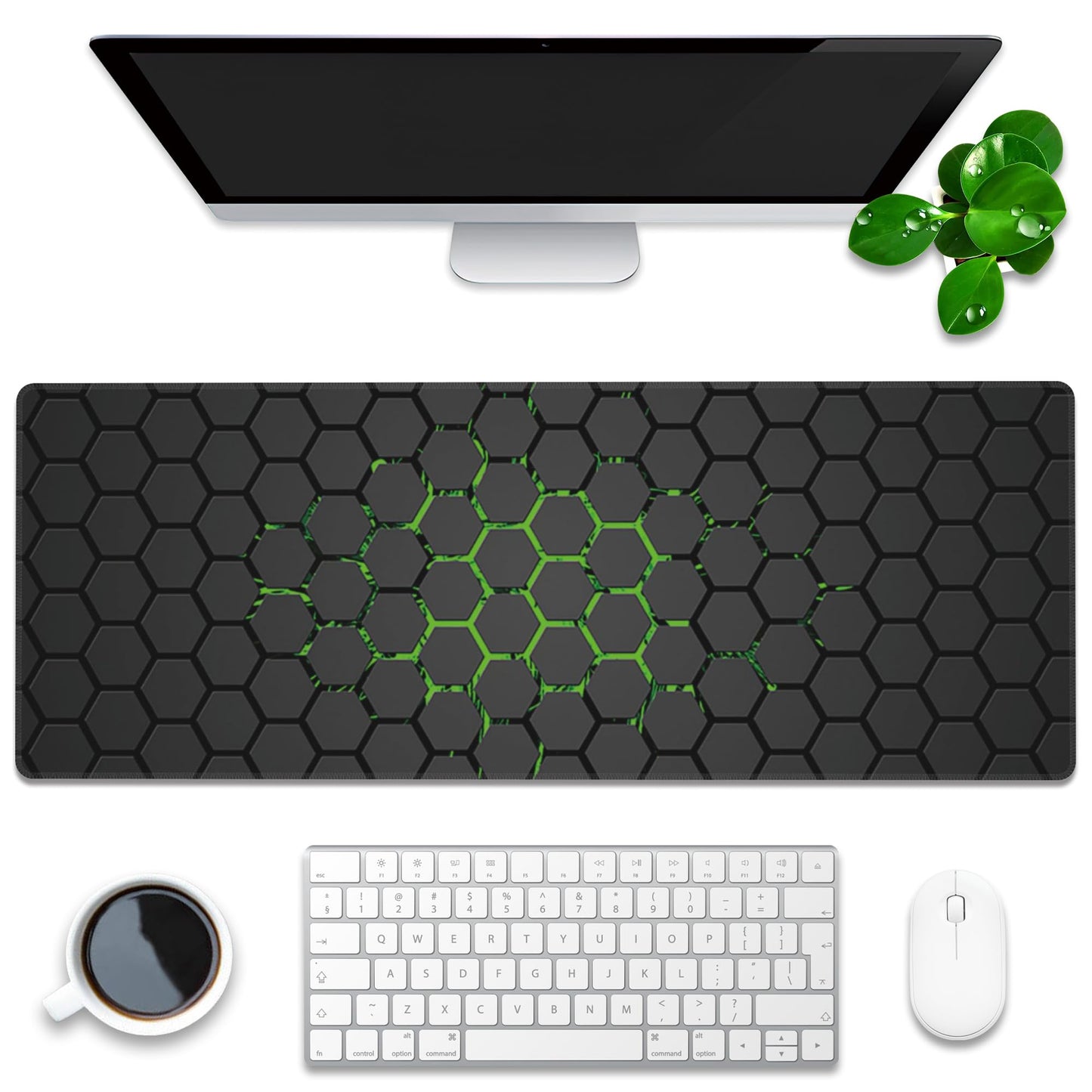 Desk Pad, Green Honeycomb Science Technology Extended Gaming Mouse Pad Large, 31.5"x11.8" Big Mouse