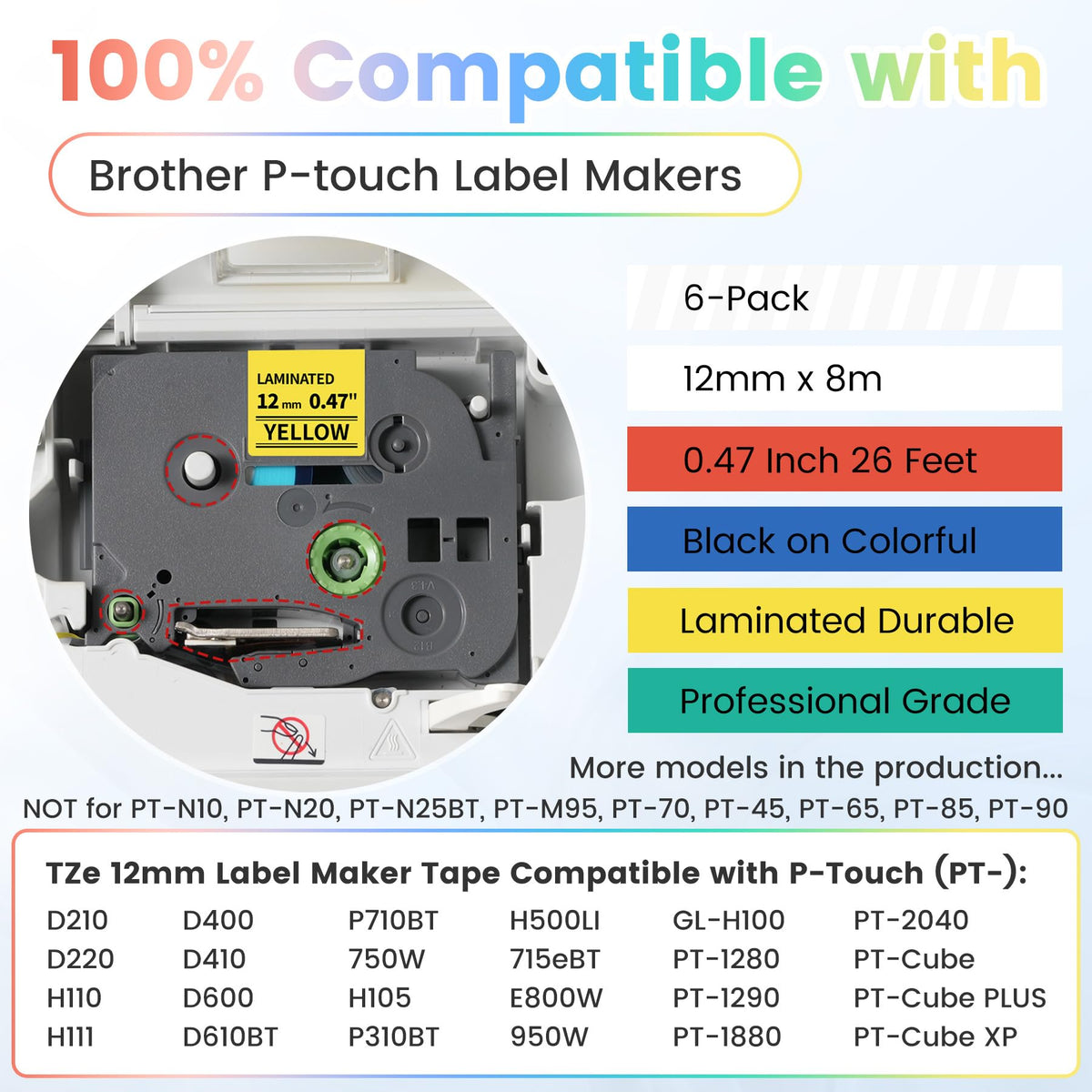 6X Compatible with Brother Label Maker Tape 12mm 0.47 Multi Color Laminated
