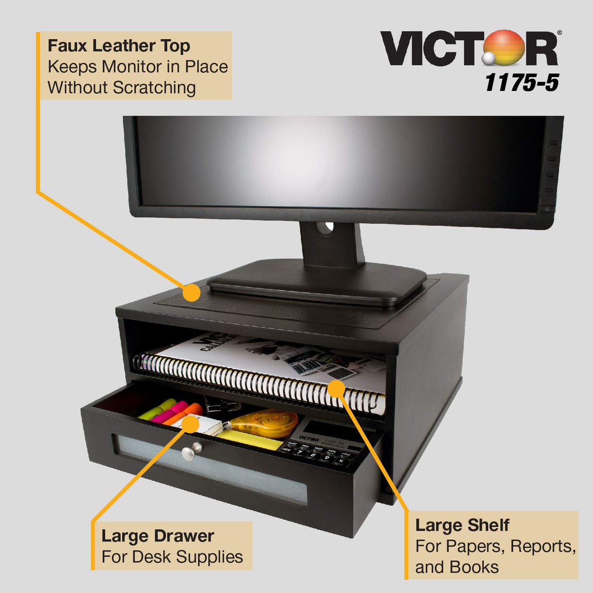 Victor Monitor Riser with Drawer and Storage Shelf - Wood Monitor Stand for Desk, Desk Organizer