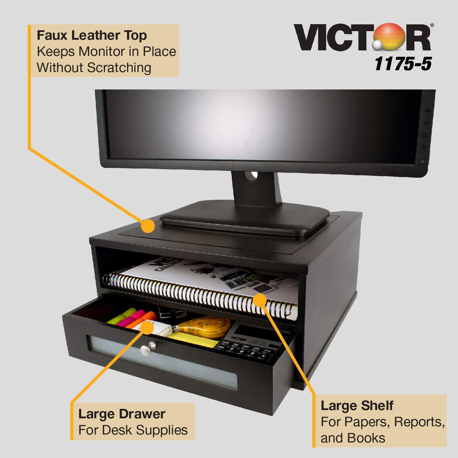 Victor Monitor Riser with Drawer and Storage Shelf - Wood Monitor Stand for Desk, Desk Organizer