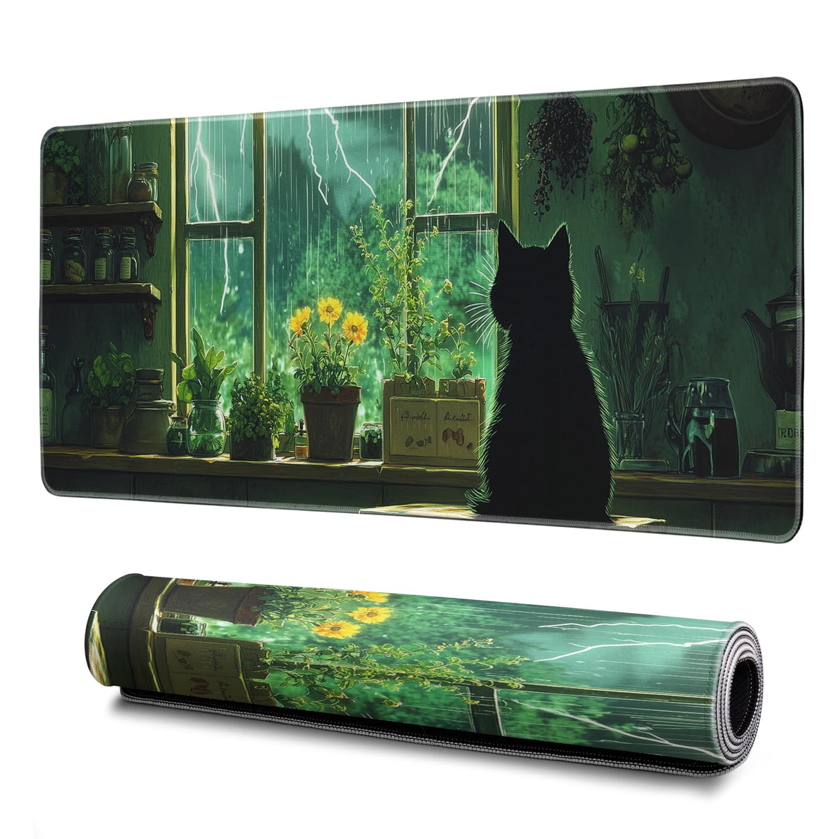 Green Black Cat Mouse Pad Abstract Green Mouse Pad 31.5x11.8 Inch Cat Texture Non-Slip Rubber Base