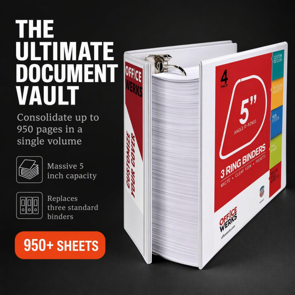 5 Inch 3 Ring Binder 2 Pack, Heavy Duty Locking D-Ring, Holds 950+ Sheets, PVC-Free, Assembled in