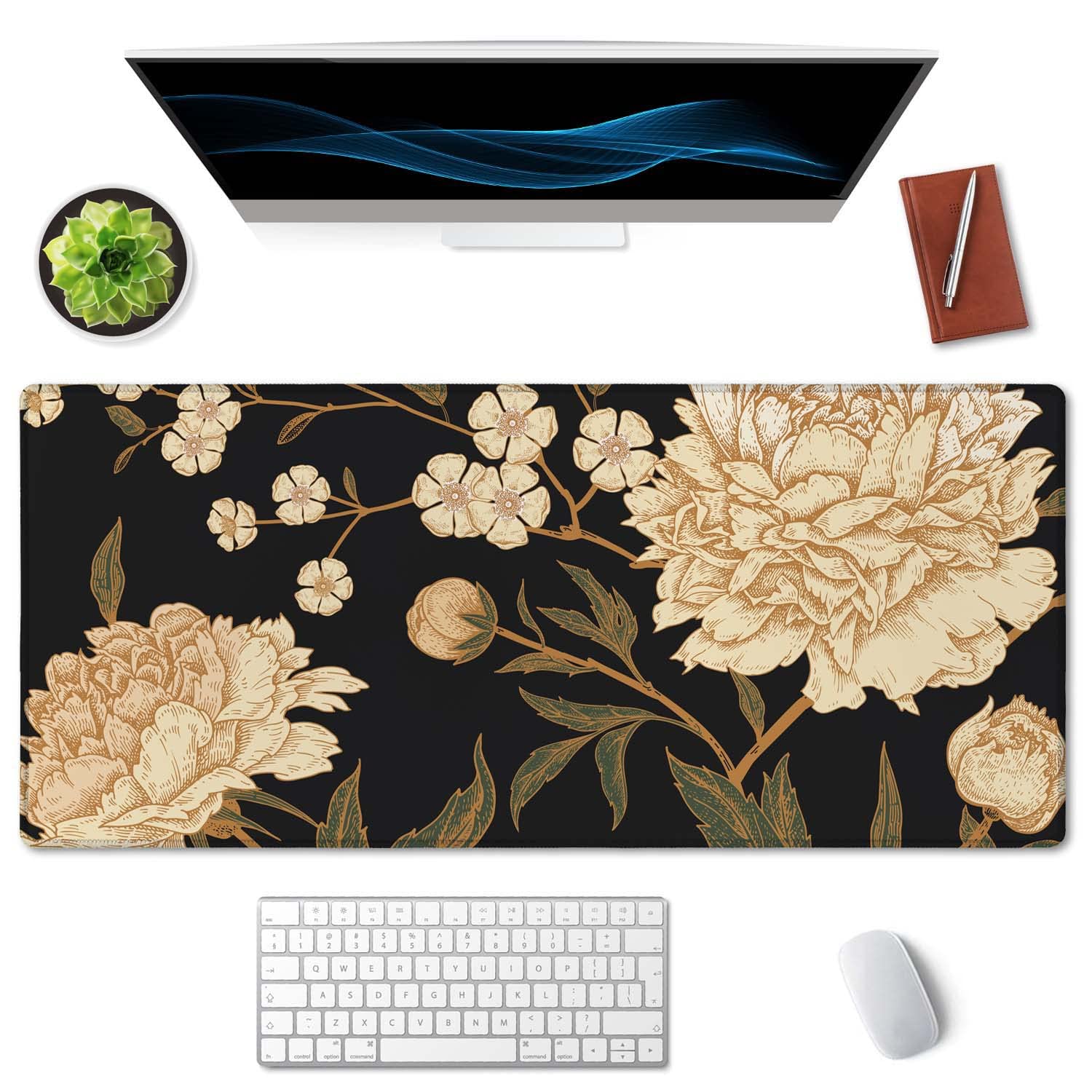 SSOIU White Peony Desk Pad, Beige Desk Protector, Green Desk Blotter, Floral Keyboard Mat, Extended