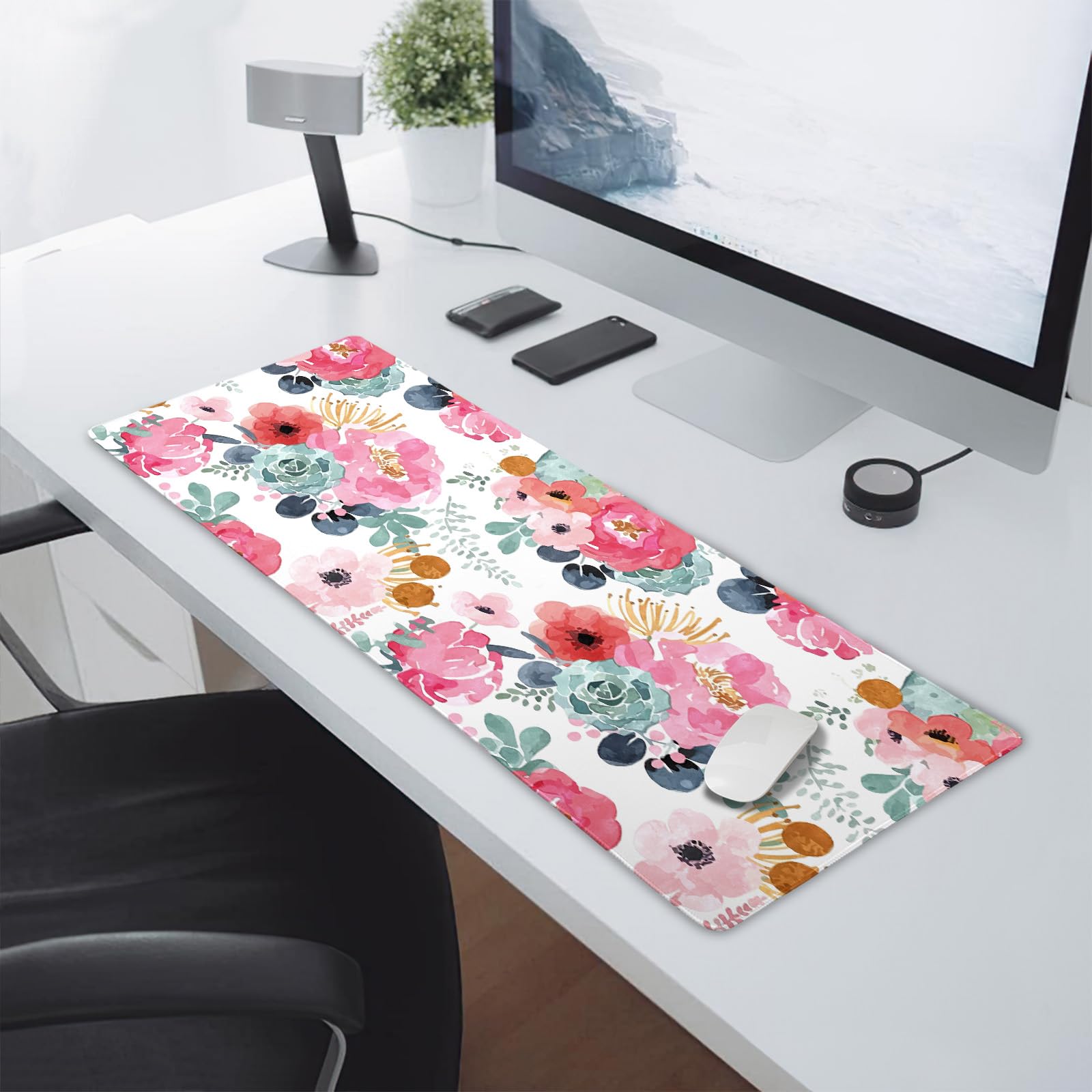 Pink Green Flowers Gaming Mouse Pad XL Cute Watercolor Floral Pretty Extended Desk Pad Trendy
