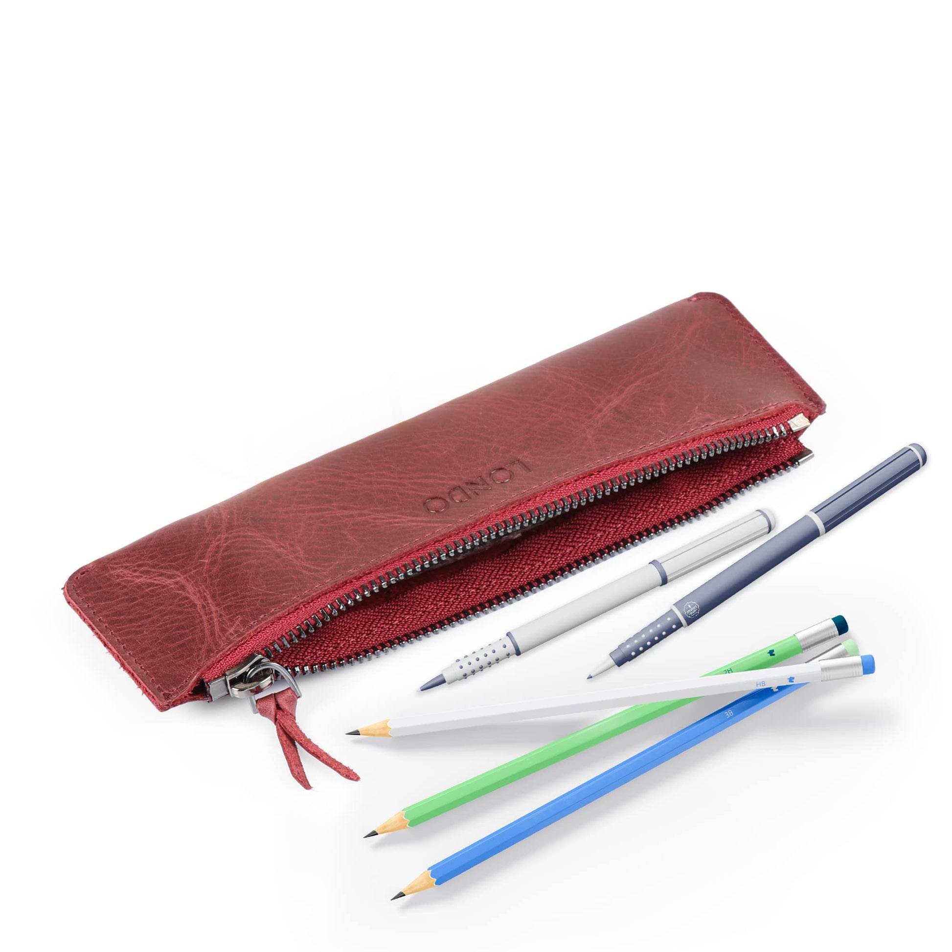 Londo Genuine Leather Pen Case with Zipper Closure, Pencil Pouch Stationery Bag