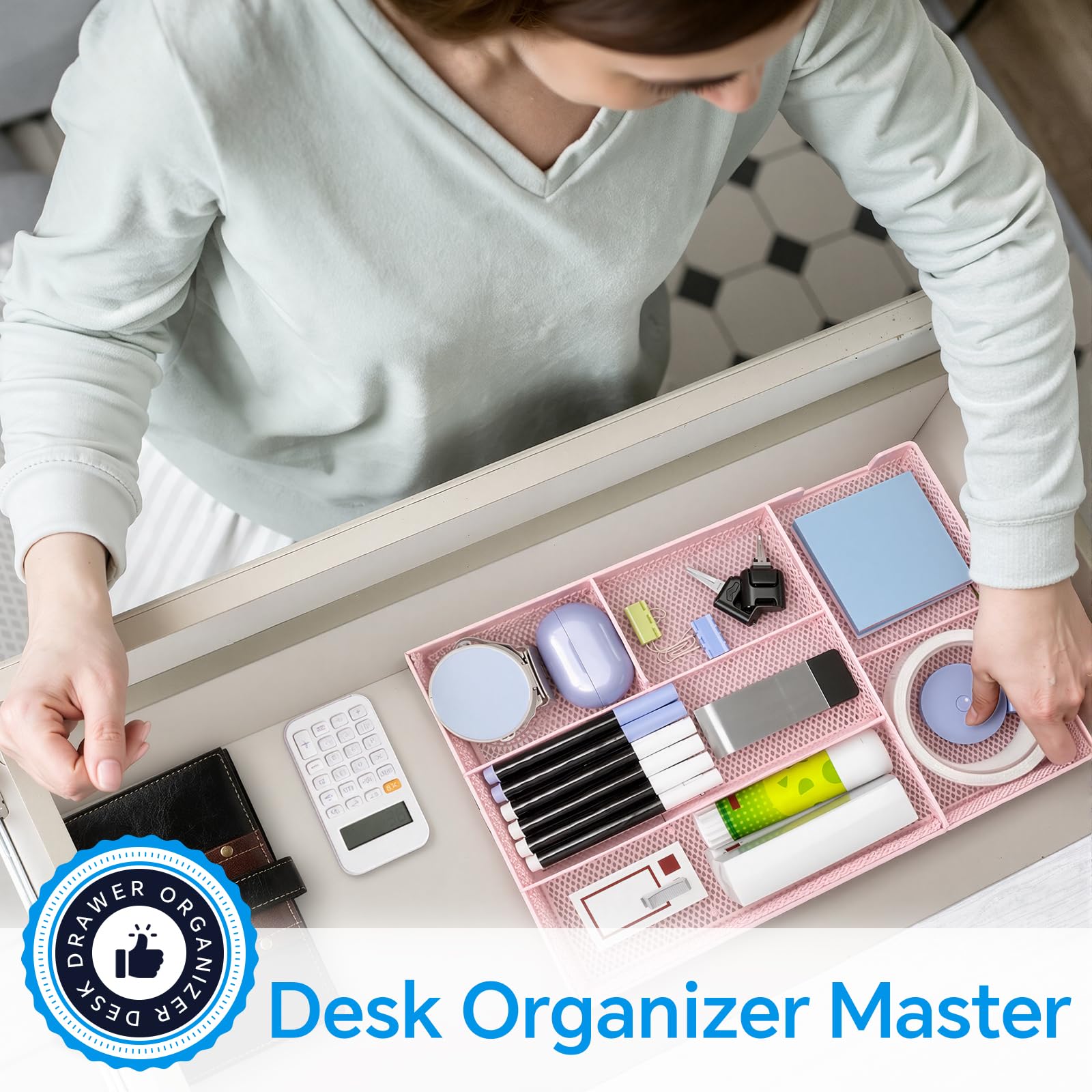 Desk Drawer Organizer, Office Drawer Divider Organizer Tray with 6 Compartments, Metal Mesh Desktop