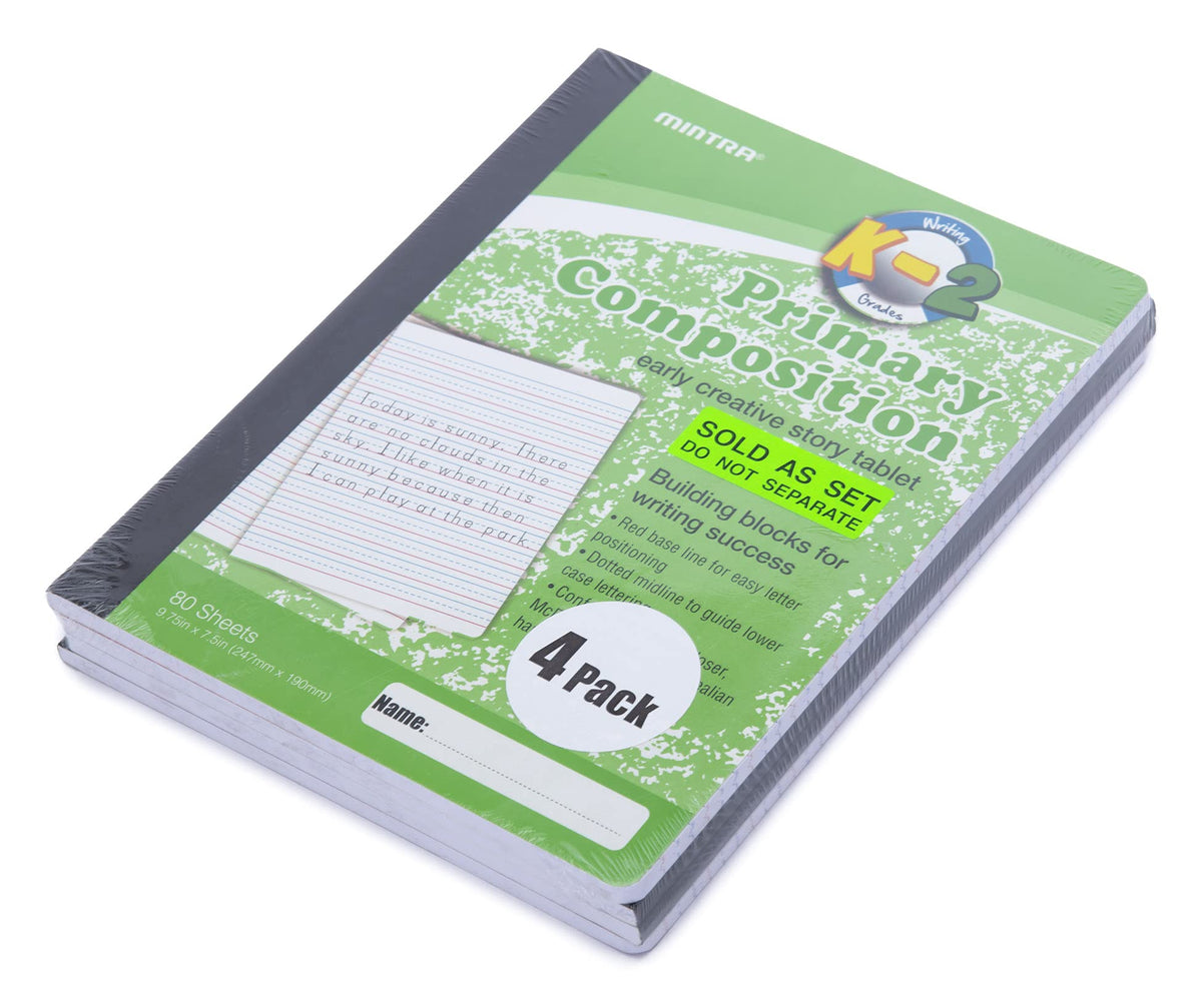 Mintra Primary Composition Notebook, 4 Pack, Assorted Colors 80 Sheets, 7.5in x 9.75in, Full Sheet
