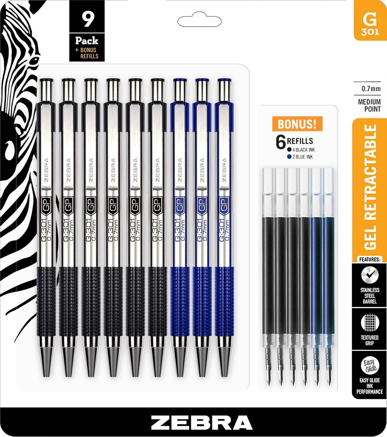 Zebra Pen G-301 Retractable Gel Pen, 0.7mm Medium Point, Stainless Steel Barrel, Textured Grip, 6