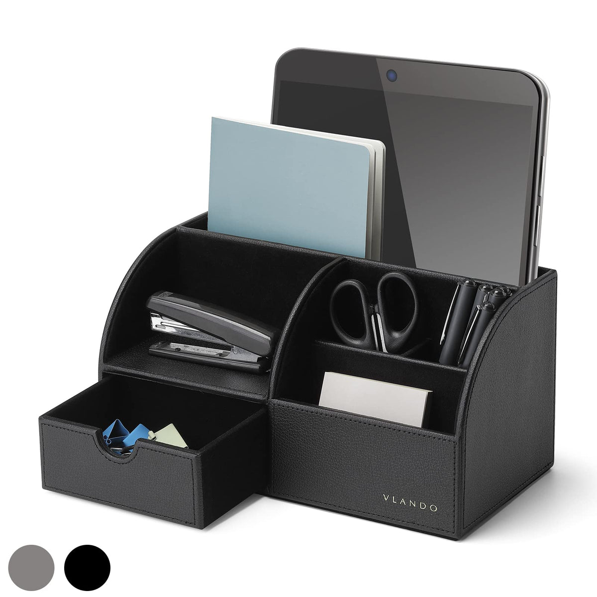 VLANDO Desk Organizer with Drawer, Leather Office Storage Caddy, Black