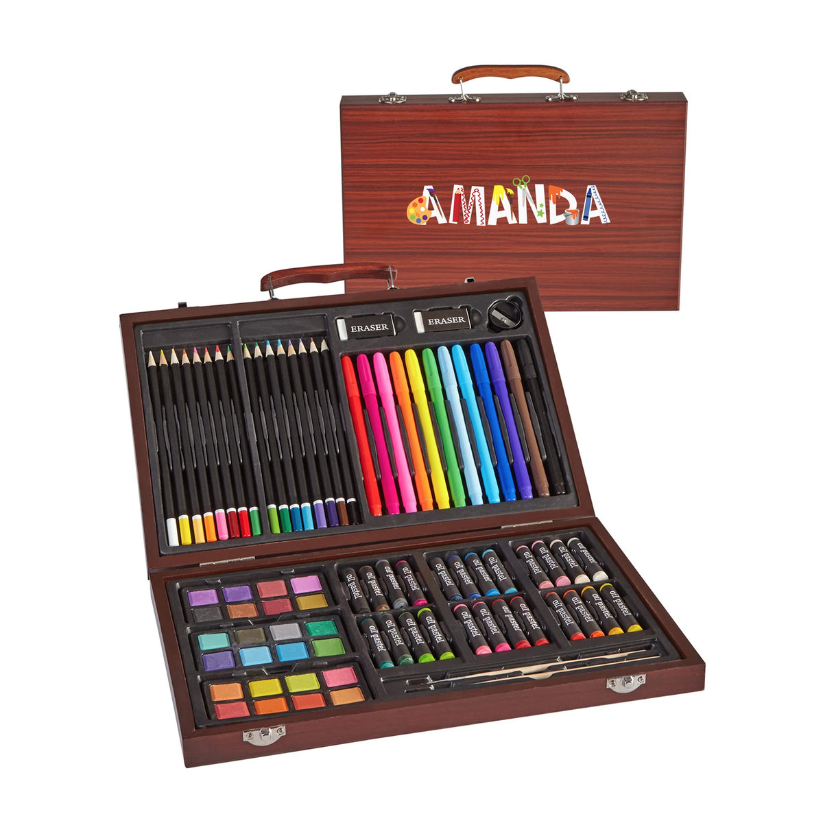 Let's Make Memories Personalized 80-Piece Deluxe Art Set - for Kids - Wood Carrying Case - Oil