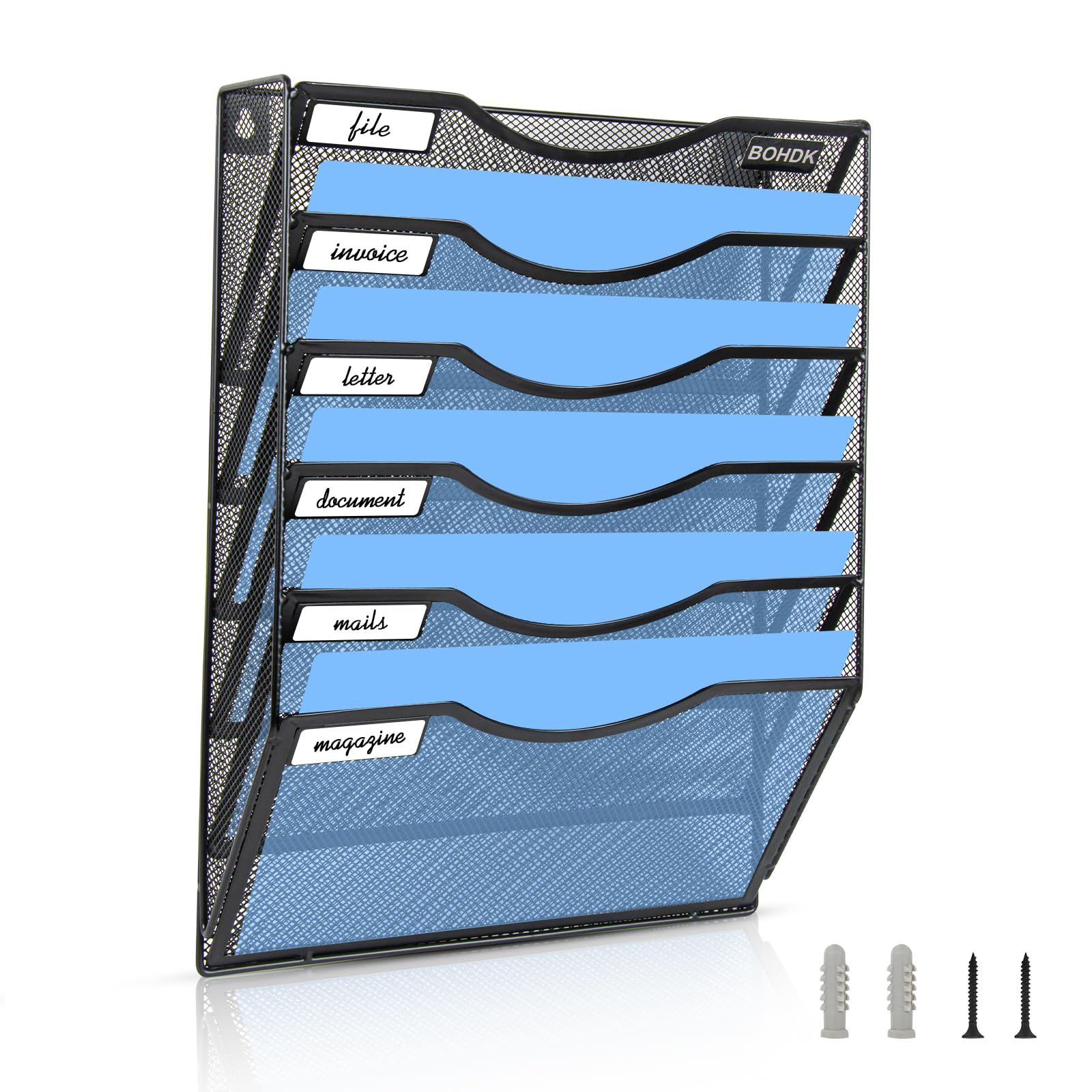 BOHDK Wall File Organizer, 6 Tier Hanging File Folder Mail Organizer, Vertical Mesh Metal Wall