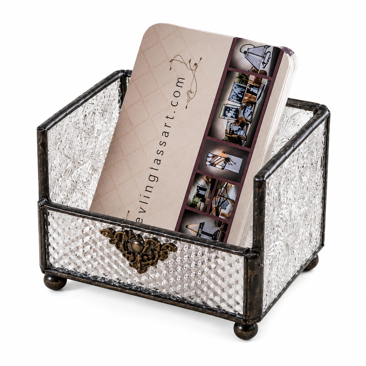 J Devlin Glass Business Card Holder, Decorative Desk Organizer for Office