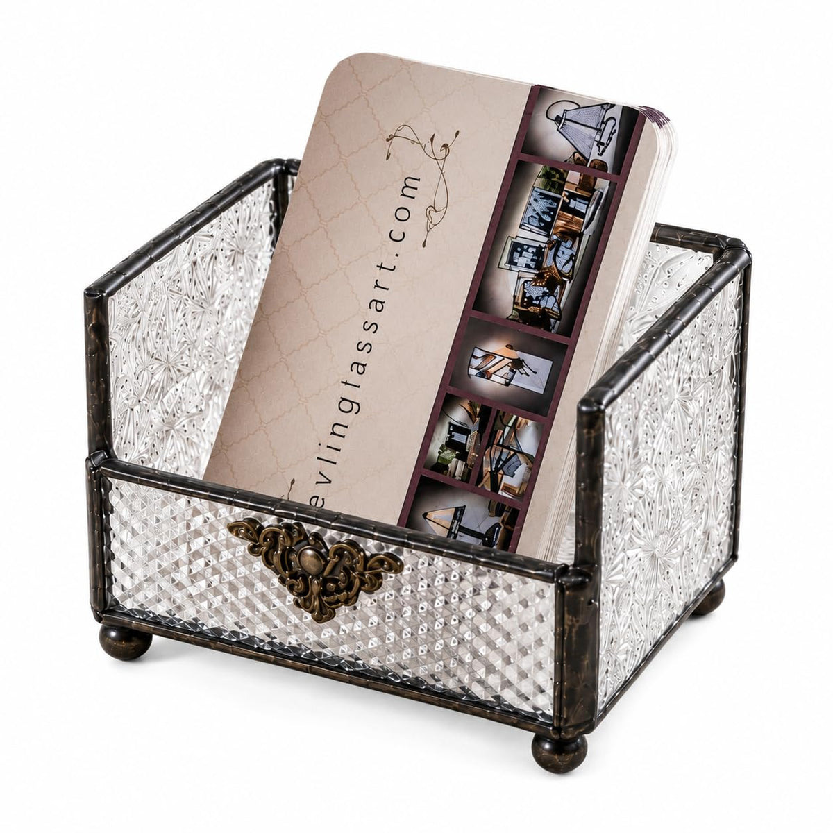J Devlin Glass Business Card Holder, Decorative Desk Organizer for Office