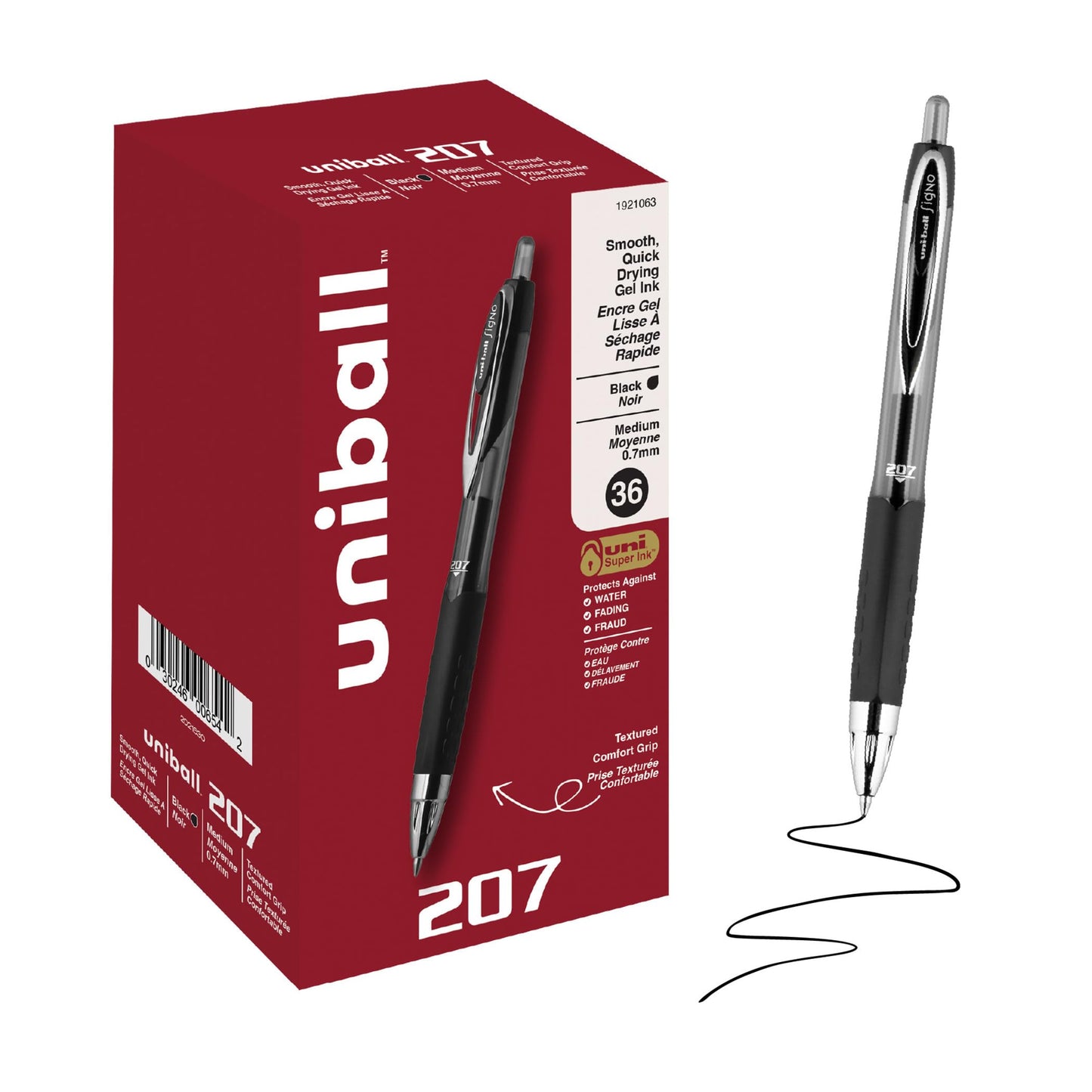 uniball™ 207 Gel Pens, Black Ink, 0.7mm Medium Point, Retractable, 36 Count