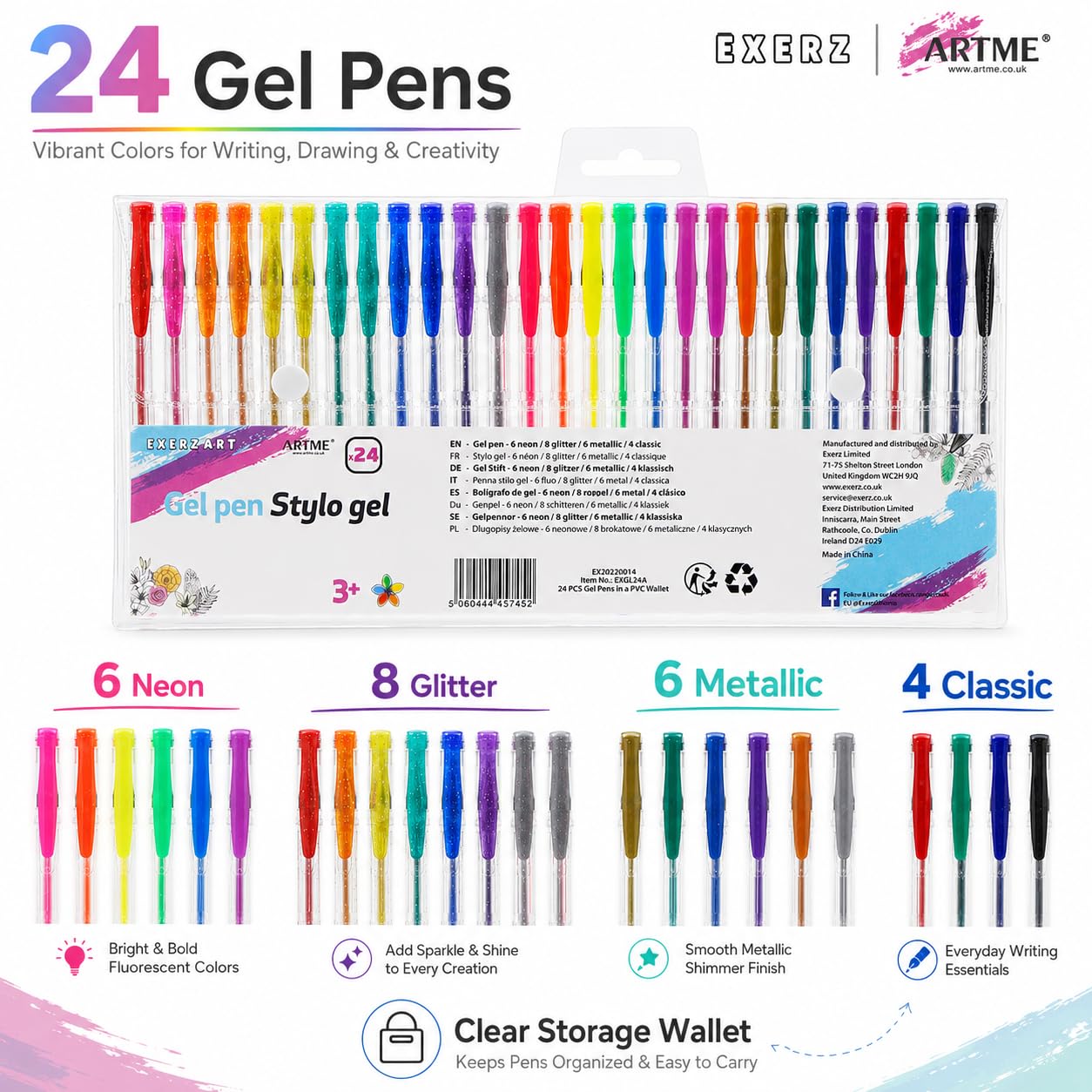 Exerz Gel Pen Set 24pcs Rainbow Colour Arts and Crafts -Fine Ink Ballpoint Pens, Vibrant Colour