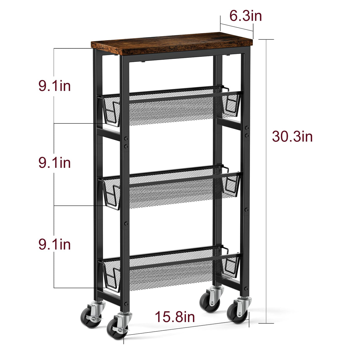 Honest Slim Storage Cart 4-Tier Slim Rolling Cart with Metal Frame and Wooden Top, 6.3 Inches