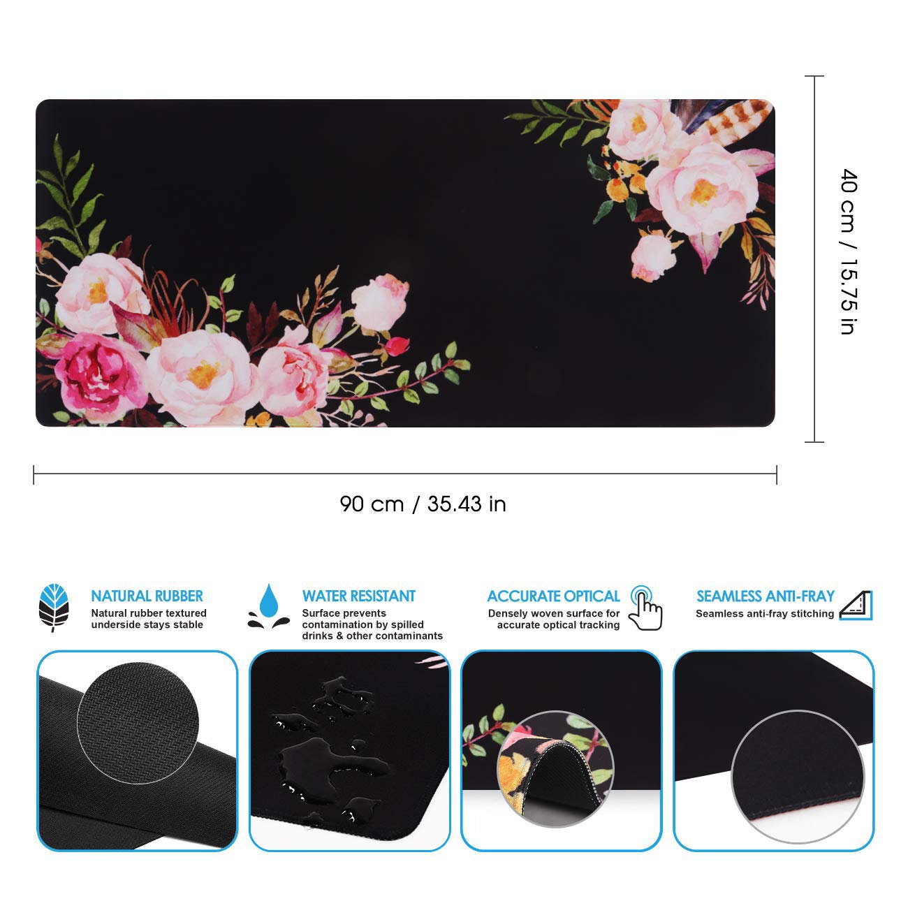 iCasso Extended Gaming Mouse Pad,35.4 x 15.7in Desk Pad,Flower