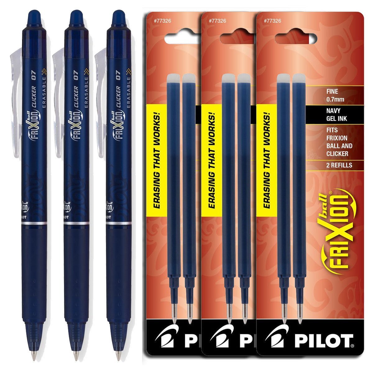 Pilot FriXion Clicker Retractable Gel Ink Pens, Eraseable, Fine Point 0.7mm, Navy Blue Ink, Pack of