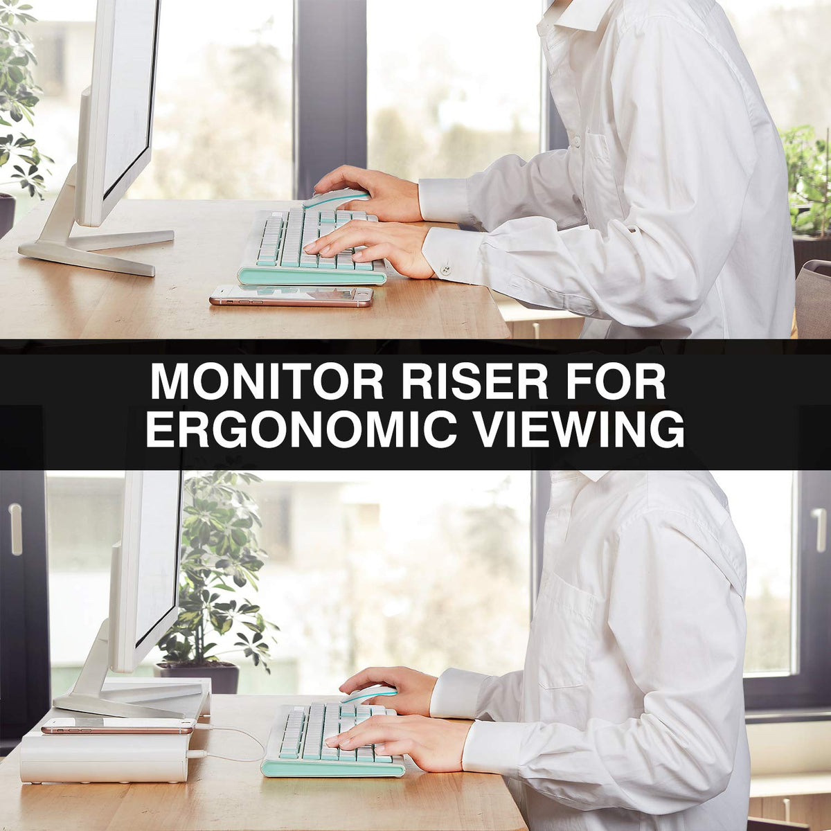 PG Silver Monitor Stand Riser with 4-Port USB Charging ports, Convenient keyboard organiser,Desktop