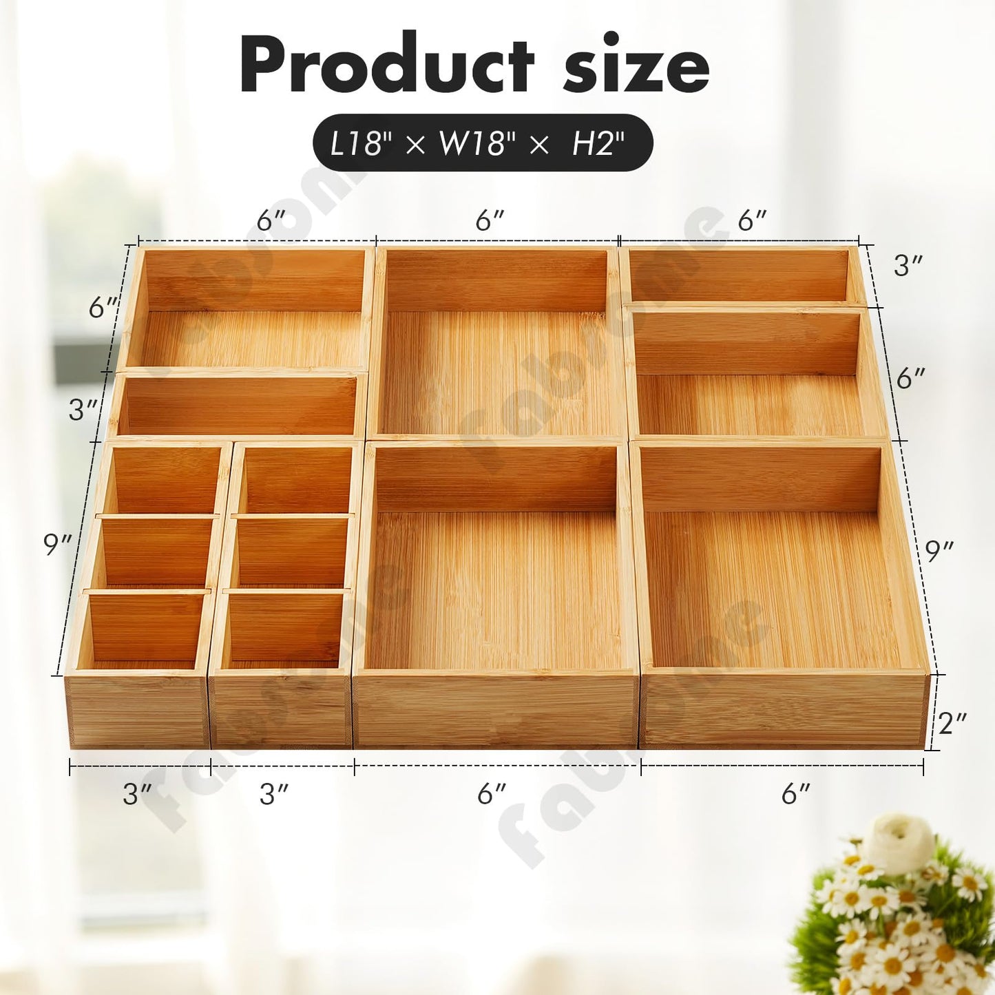 Fabsome Drawer Organizer, Set of 9 Bamboo Wood Kitchen Makeup Desk Junk Tea Drawer Storage Boxes