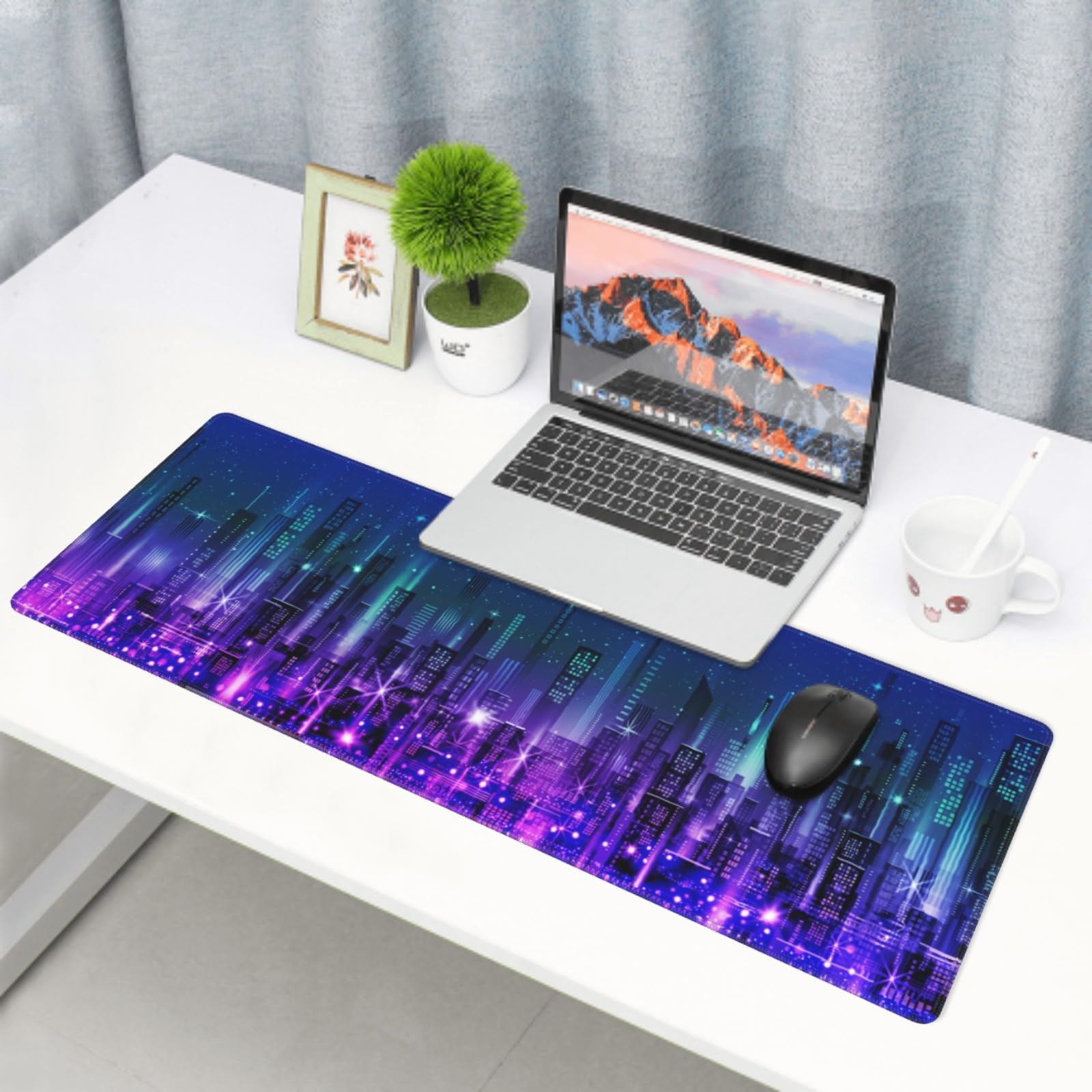 Purple Blue Gaming Mouse Pad 31.5 X 11.8 Inch XL Futuristic Cool Vaporwave City Print Big Mousepad