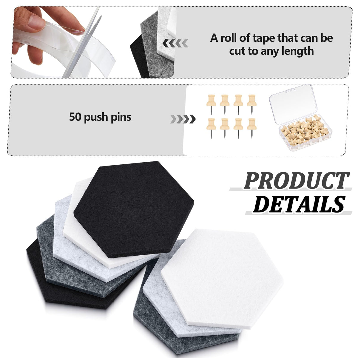6.7 x 5.9 in 16 Pcs Hexagon Cork Board Tiles, Felt Pin Boards, Grey