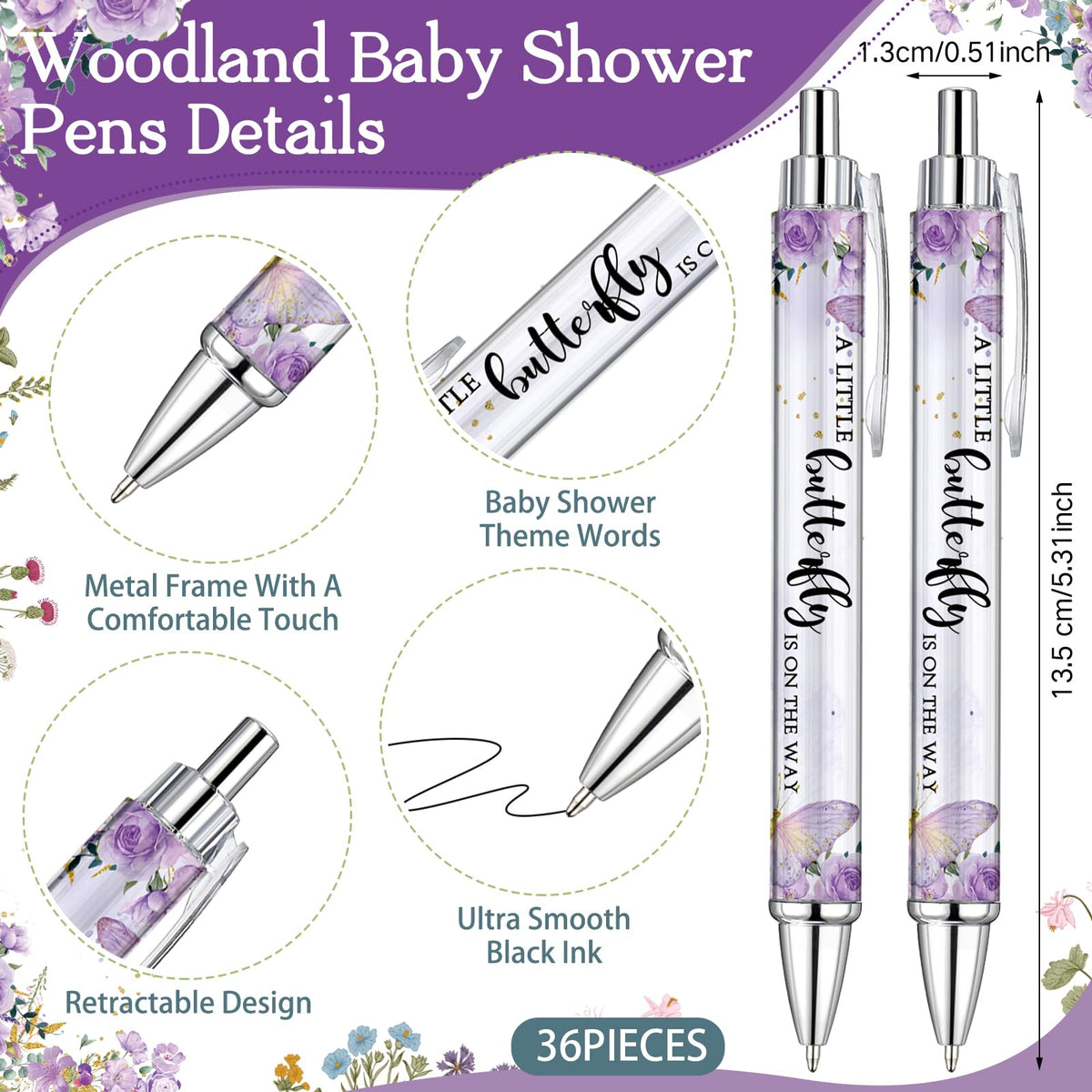 Dinifee 36 Sets Butterfly Baby Shower Favor, Purple Pen with Greeting Cards
