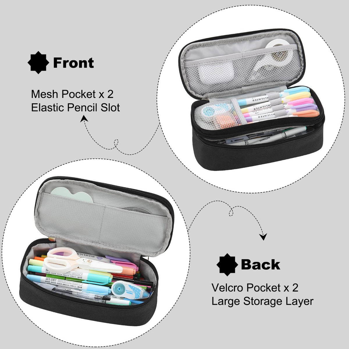 Large Pencil Bag for Boys Teens Kids School Zipper Pencil Pouch Black