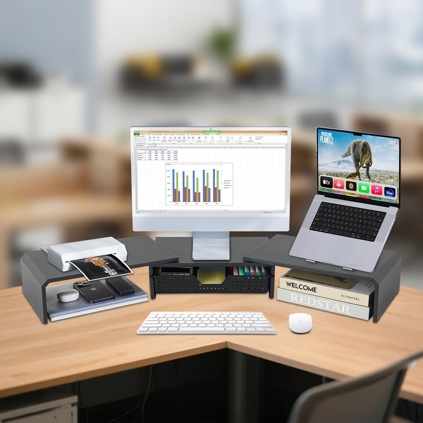 LEKETREE Dual Monitor Stand Riser with Drawer, Computer Stand for Desk, Workspace Desktop Stand