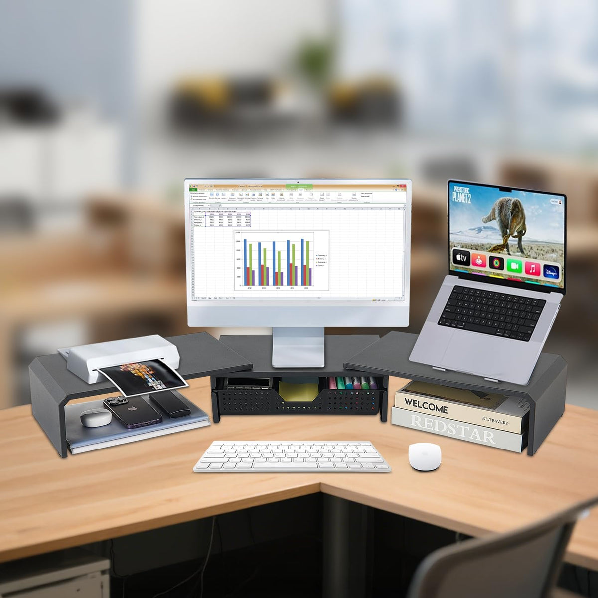 LEKETREE Dual Monitor Stand Riser with Drawer, Computer Stand for Desk, Workspace Desktop Stand