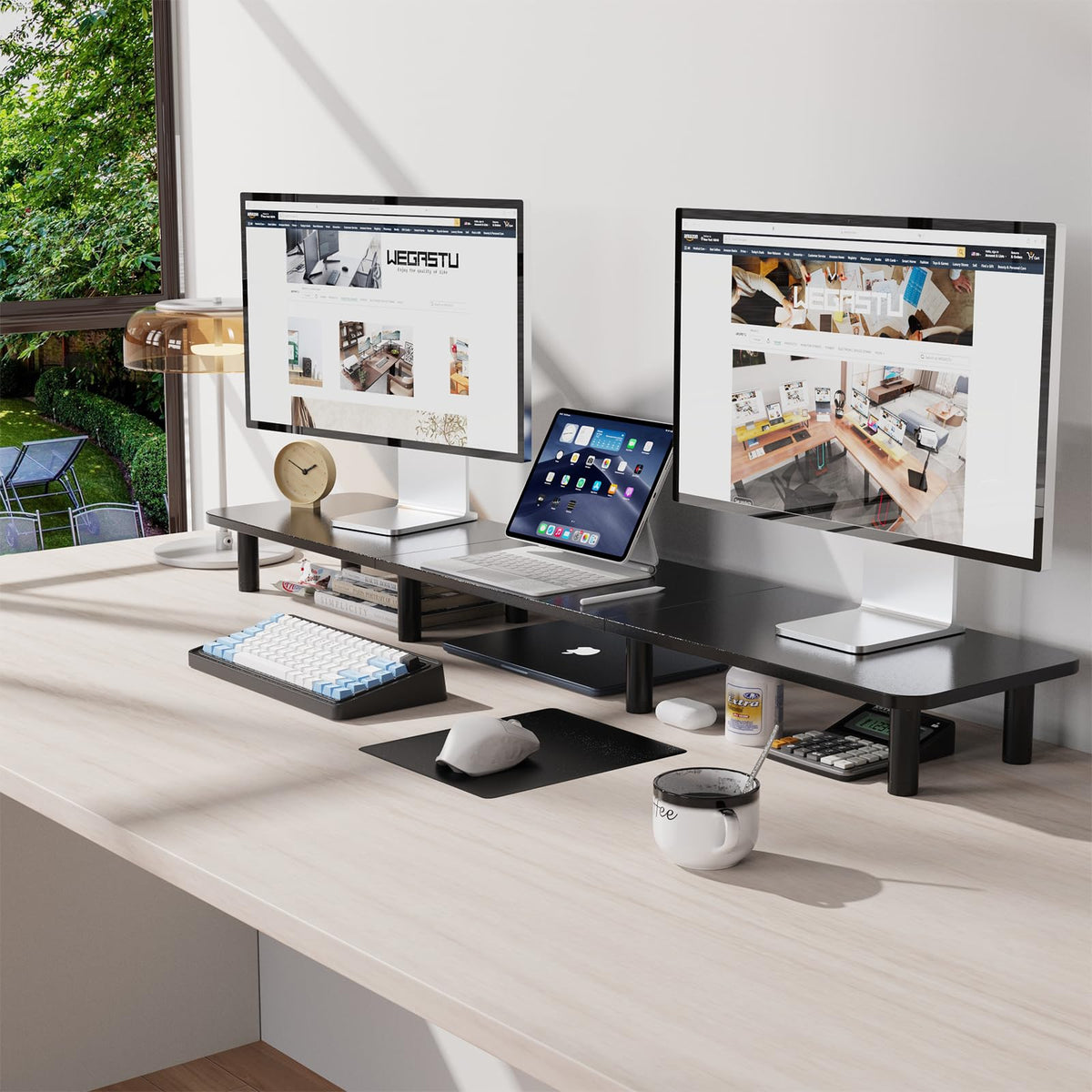 WEGASTU 43.7" Extra Long Dual Monitor Stand Riser, Wood & Steel Monitor Stand for 2 Monitors, Wide