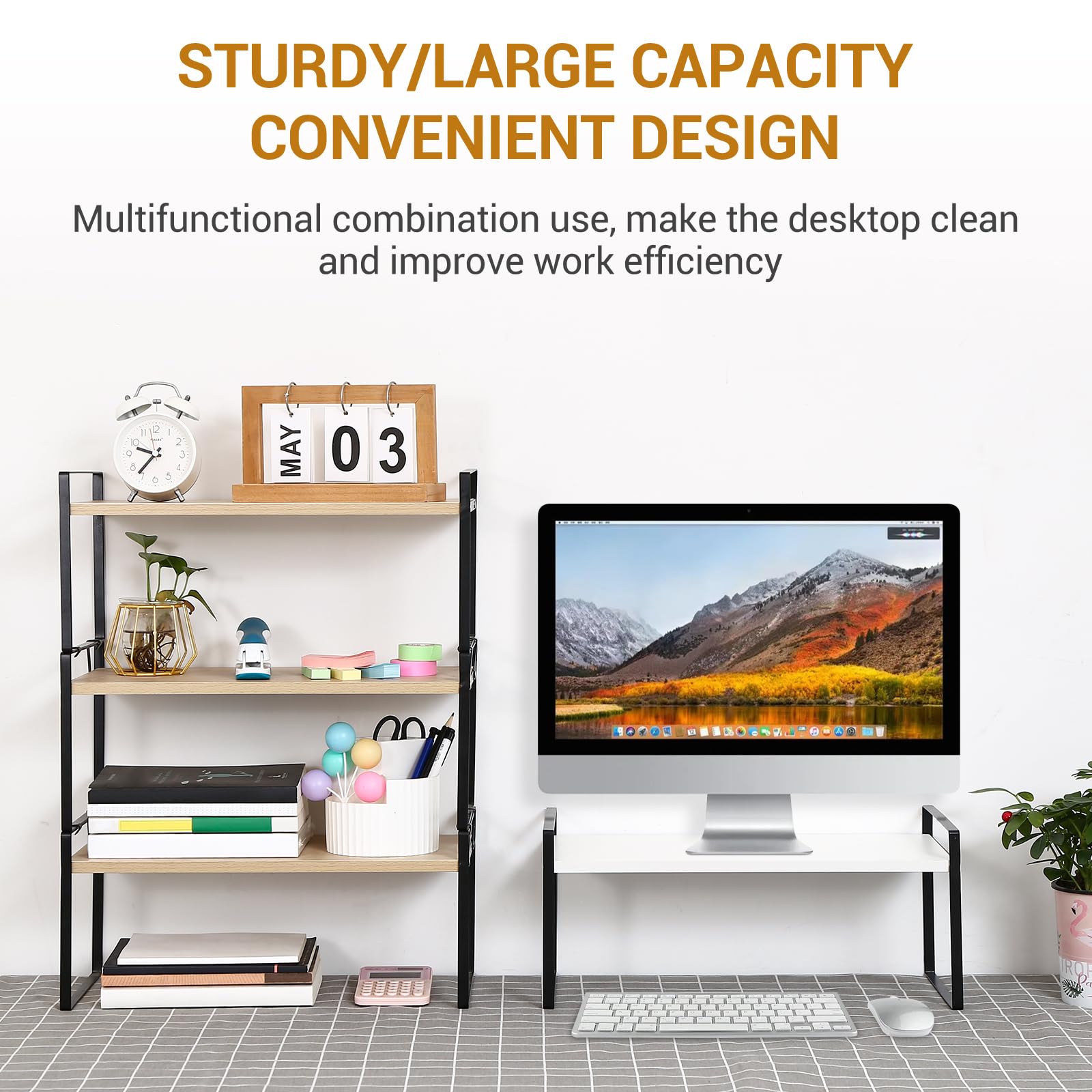 YGYQZ Desk Shelf Organizer, 2-Tier Desktop Bookshelf, Black & White