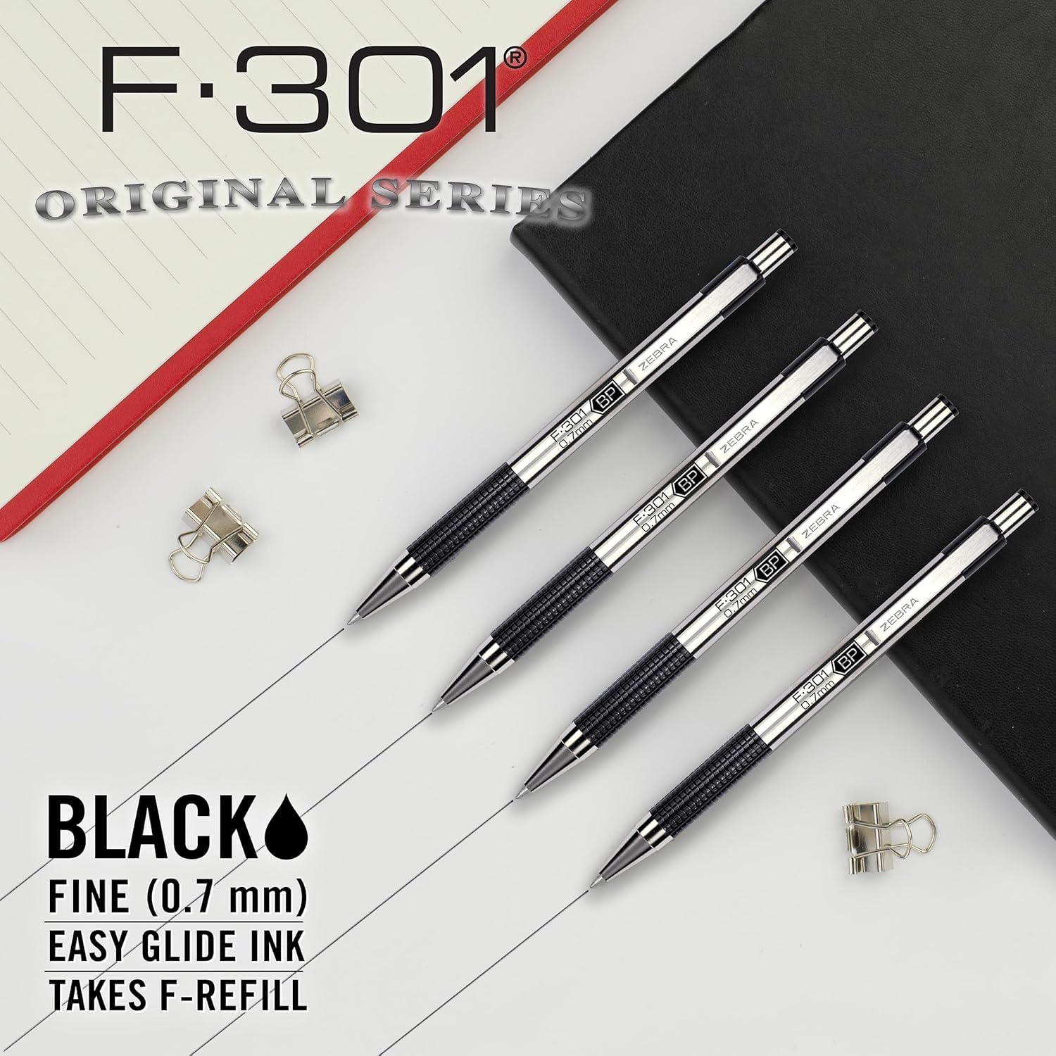 Zebra Pen F-301 Retractable Ballpoint Pen, Stainless Steel Barrel, Fine Point 0.7mm, Non-Slip Grip