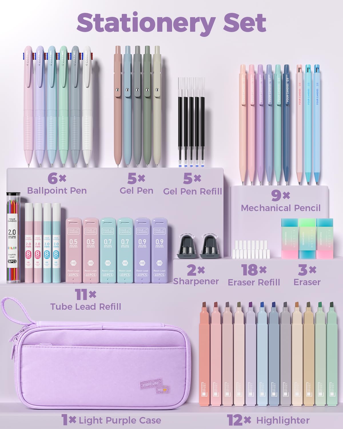 Four Candies 56 PCS School Supplies with Cute Pencil Case (Light Purple)