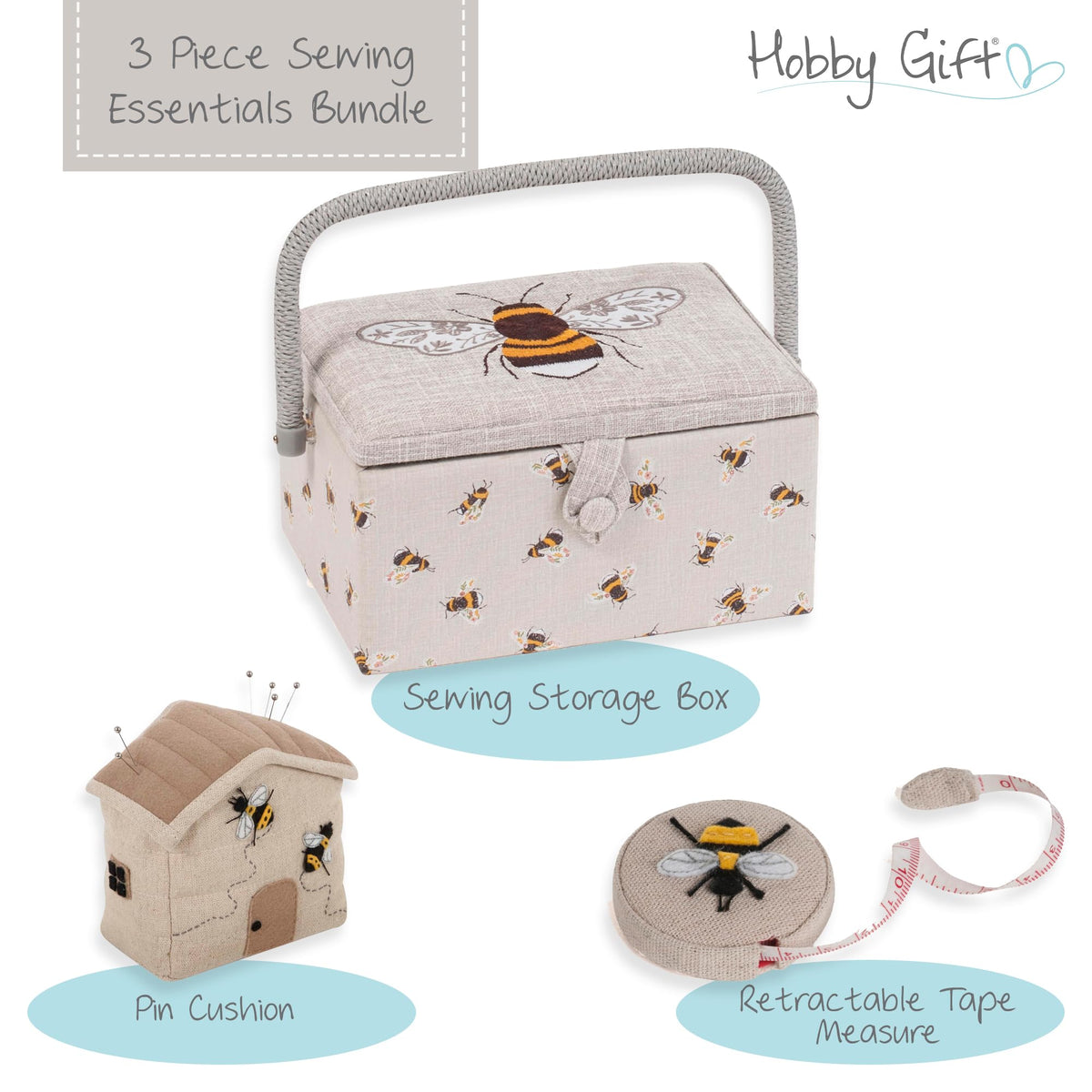 Hobby Gift Bee Sewing Gift Set with Fabric Sewing Box, Matching Pin Cushion and Tape Measure