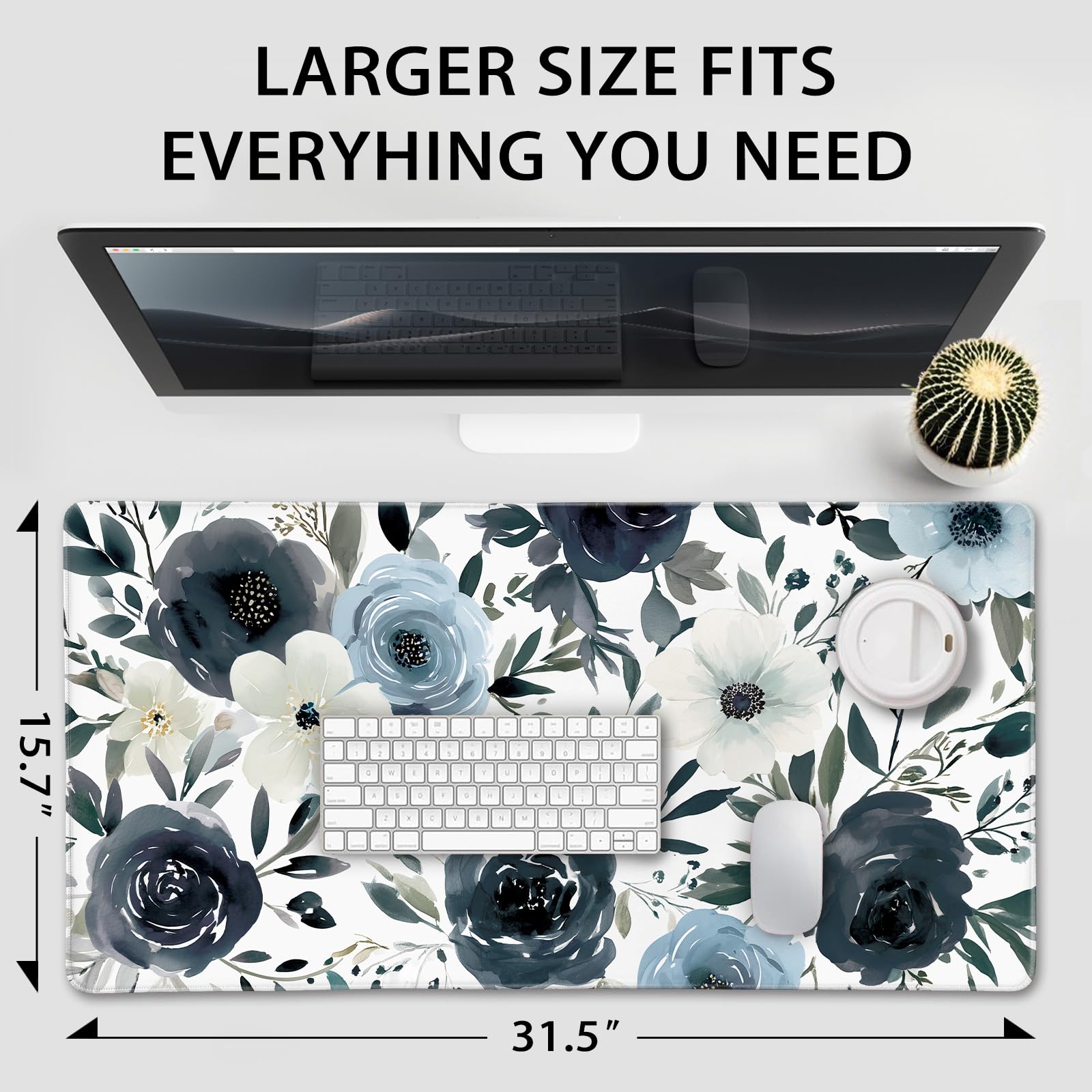 Mcapirivo Navy Blue White Floral Large Gaming Mouse Pad Desk Mat 31.5x15.7