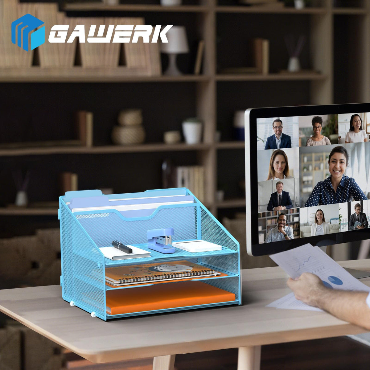 GAWERK Letter Tray Organizer, Mesh Desk File Organizer with 3 Paper Trays and 2 Vertical Upright