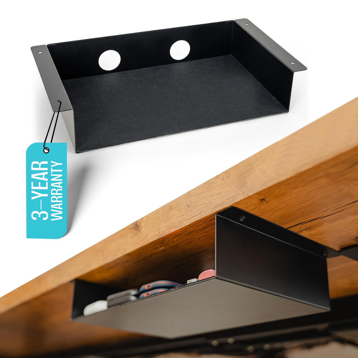 COREMINDED Under Desk Storage Shelf - Carbon Steel Under Desk Tray with Cable Management, Mountable